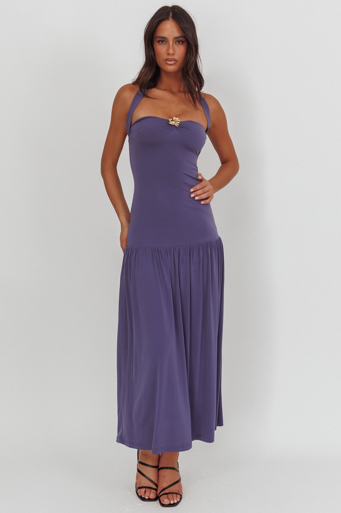 Ashana Drop Waist Halter Maxi Dress Taupe