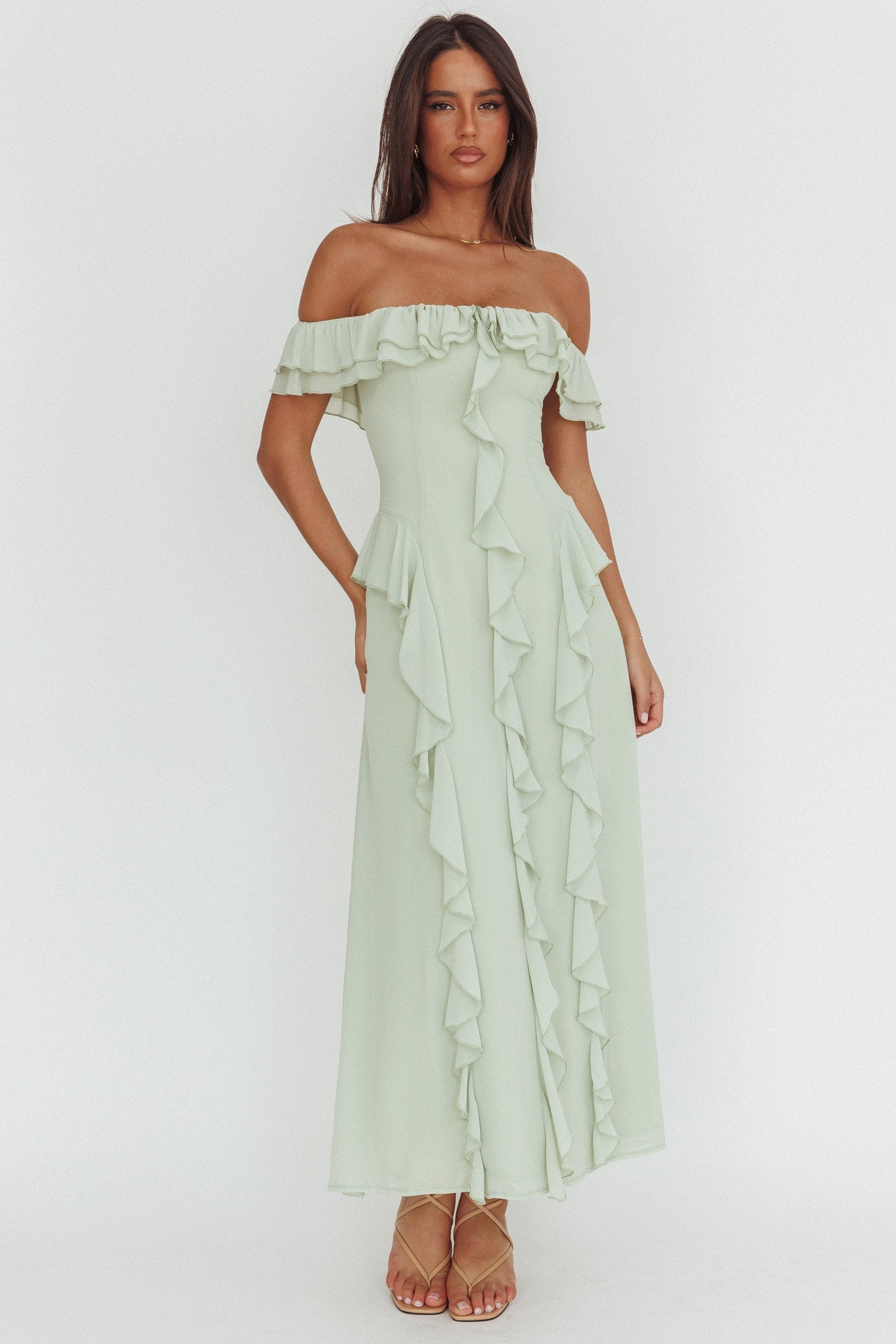 Scarlet Off-Shoulder Ruffle Trim Maxi Dress Sage