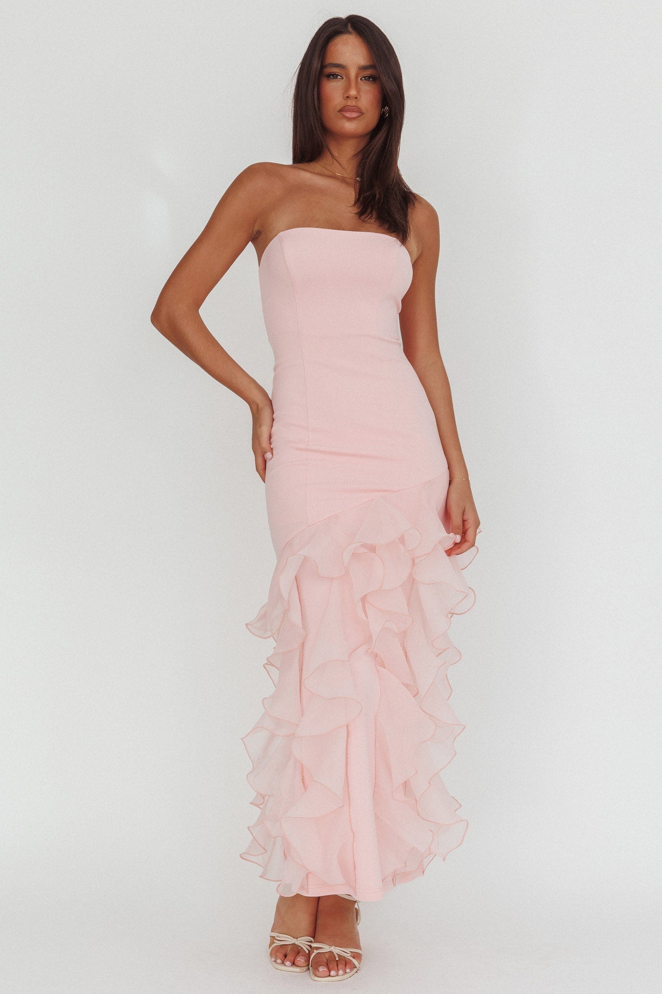 Kioto Strapless Organza Trim Maxi Dress Blush