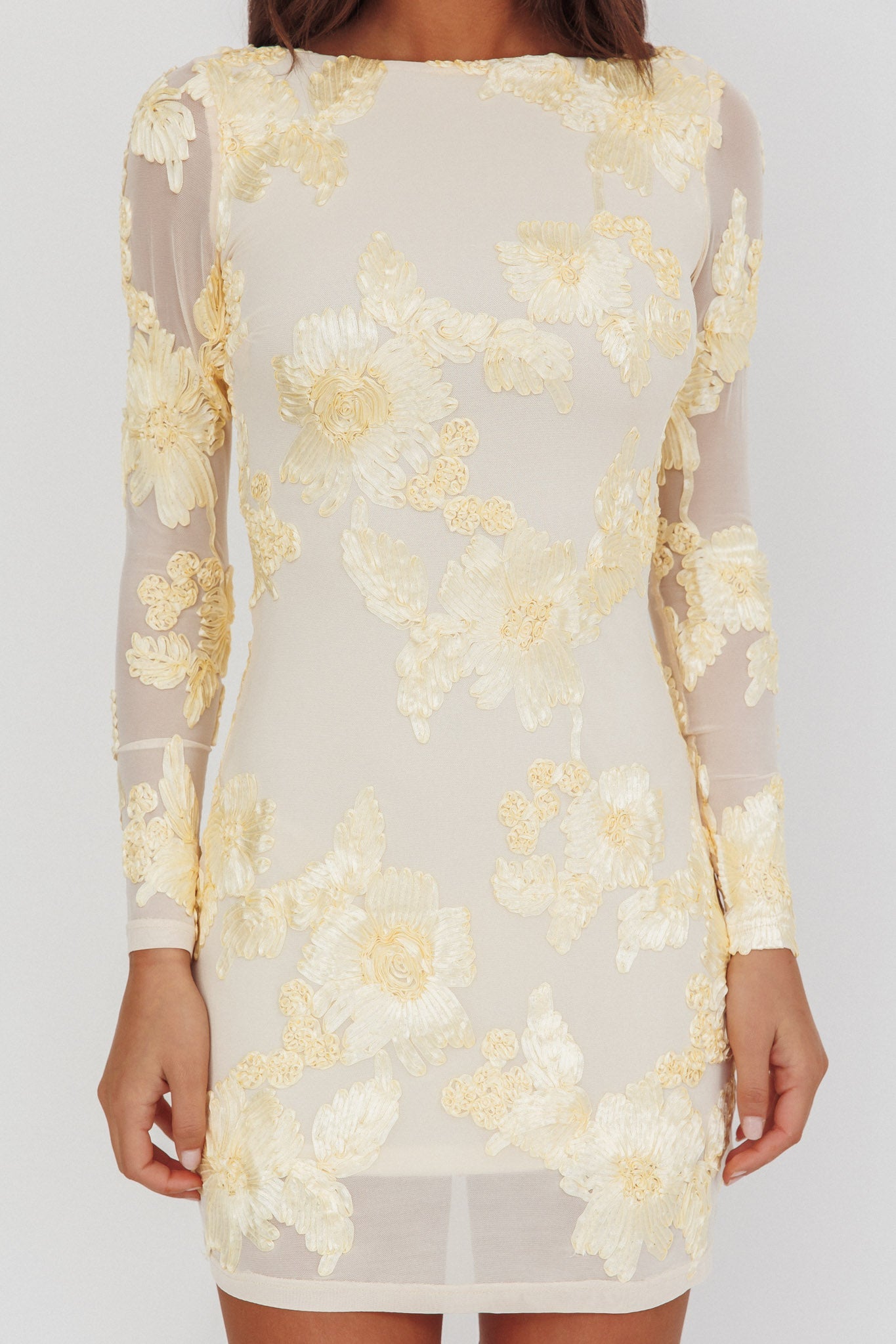 Karma Long Sleeve Scoop Back Dress Embellished Yellow