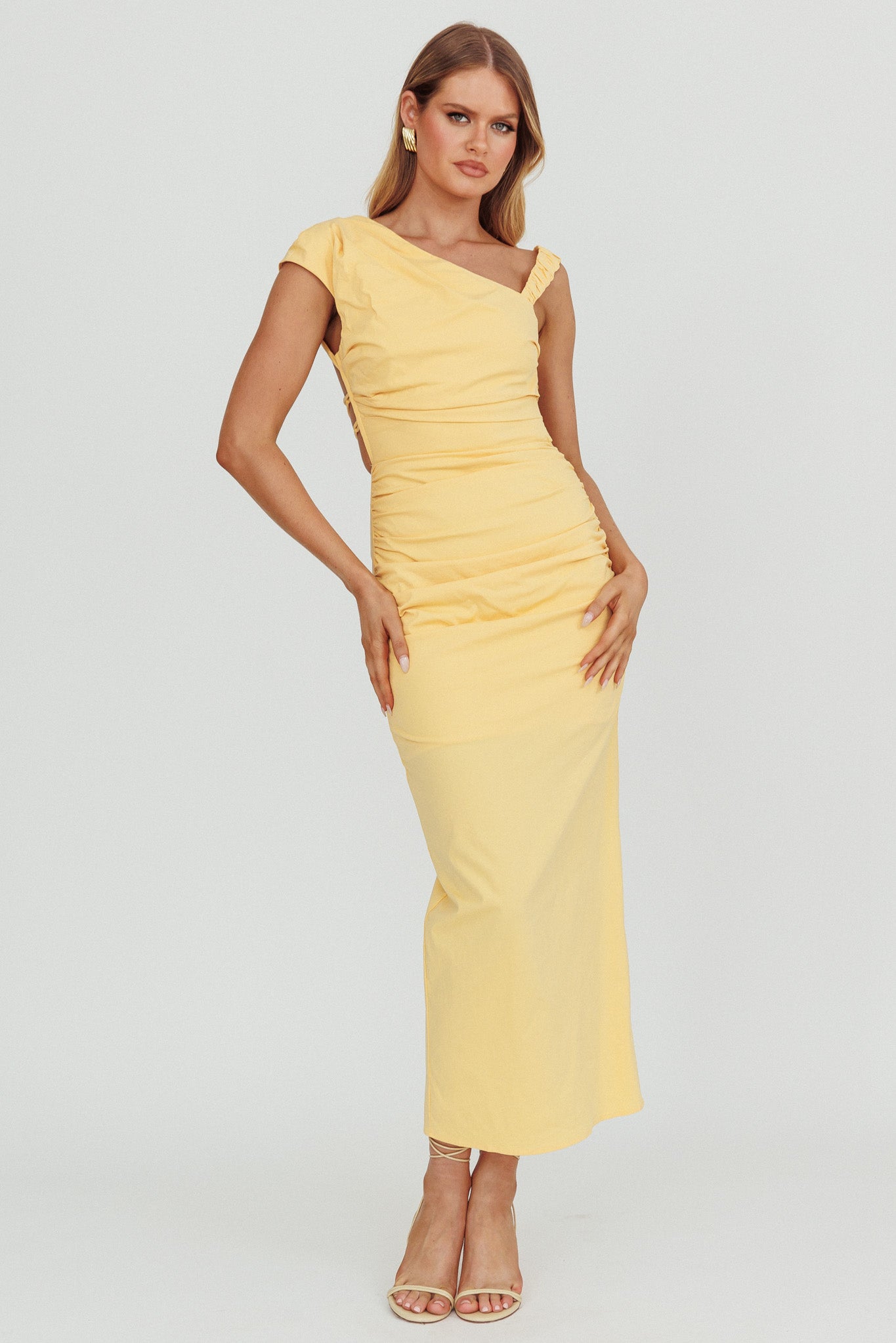 Dream Crush Asymmetric Neckline Midi Dress Lemon