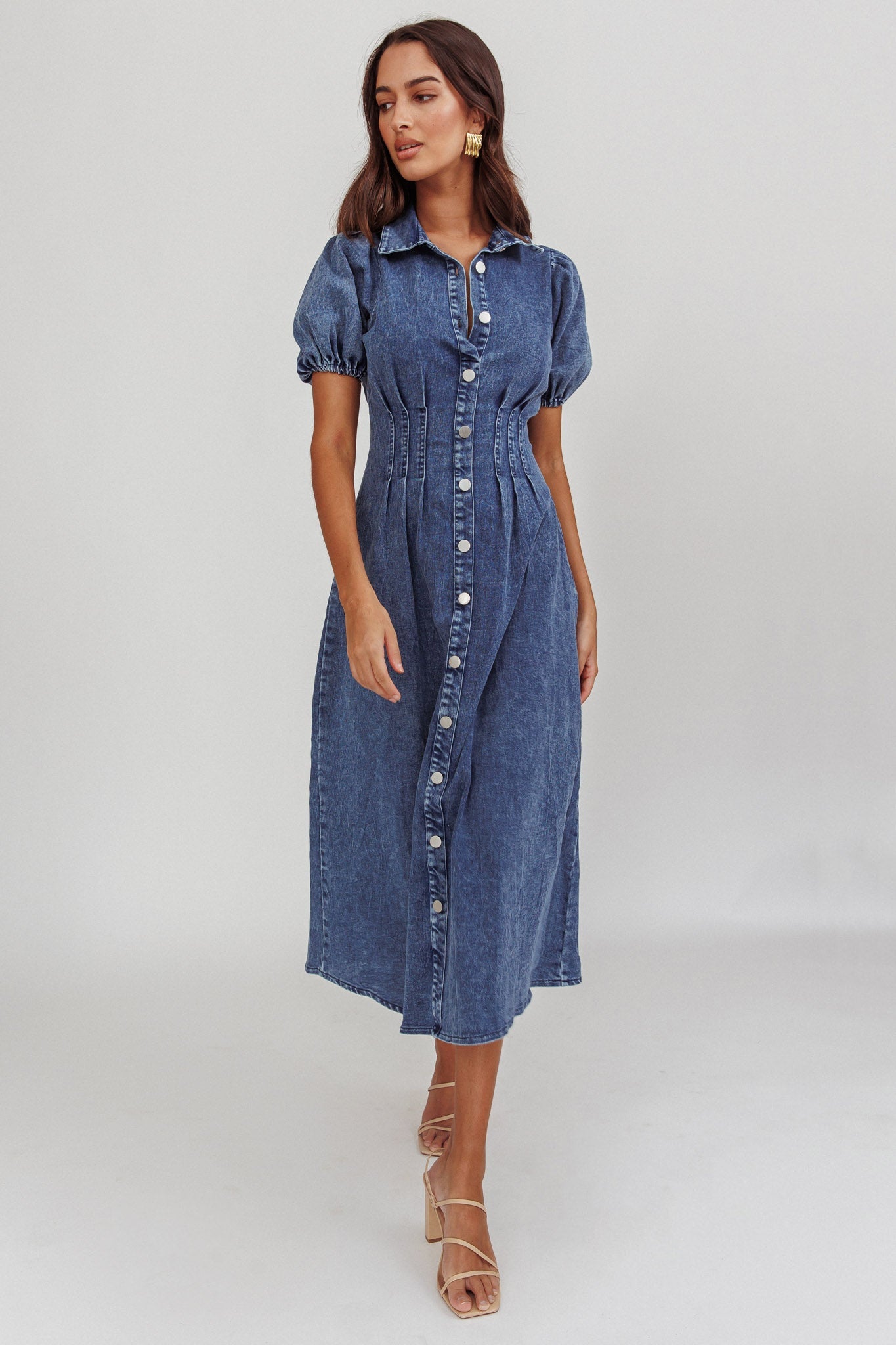 Zurich Pleated Waist Midi Dress Denim Dark Blue