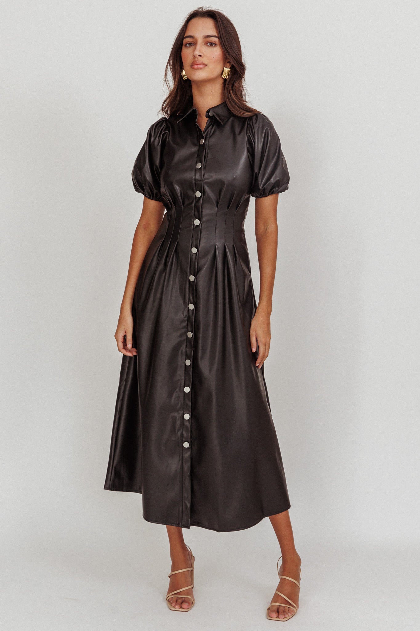 Zurich A-line Puff Sleeve Midi Dress Black