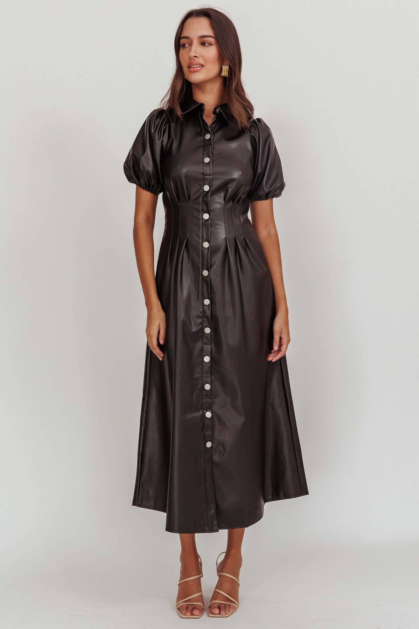 Zurich A-line Puff Sleeve Midi Dress Black