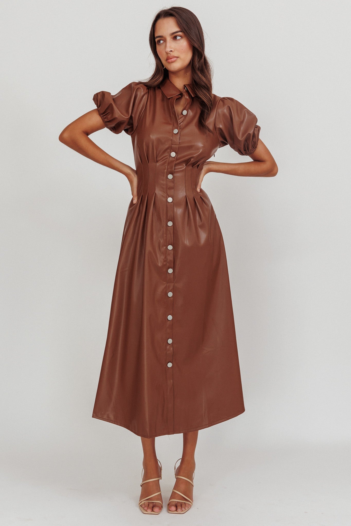 Zurich A-line Puff Sleeve Midi Dress Chocolate