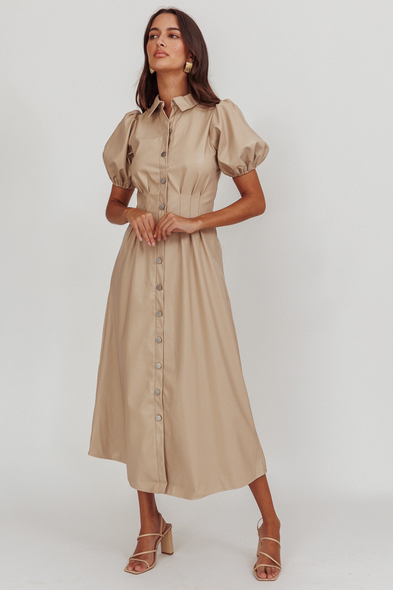 Zurich A-line Puff Sleeve Midi Dress Nude