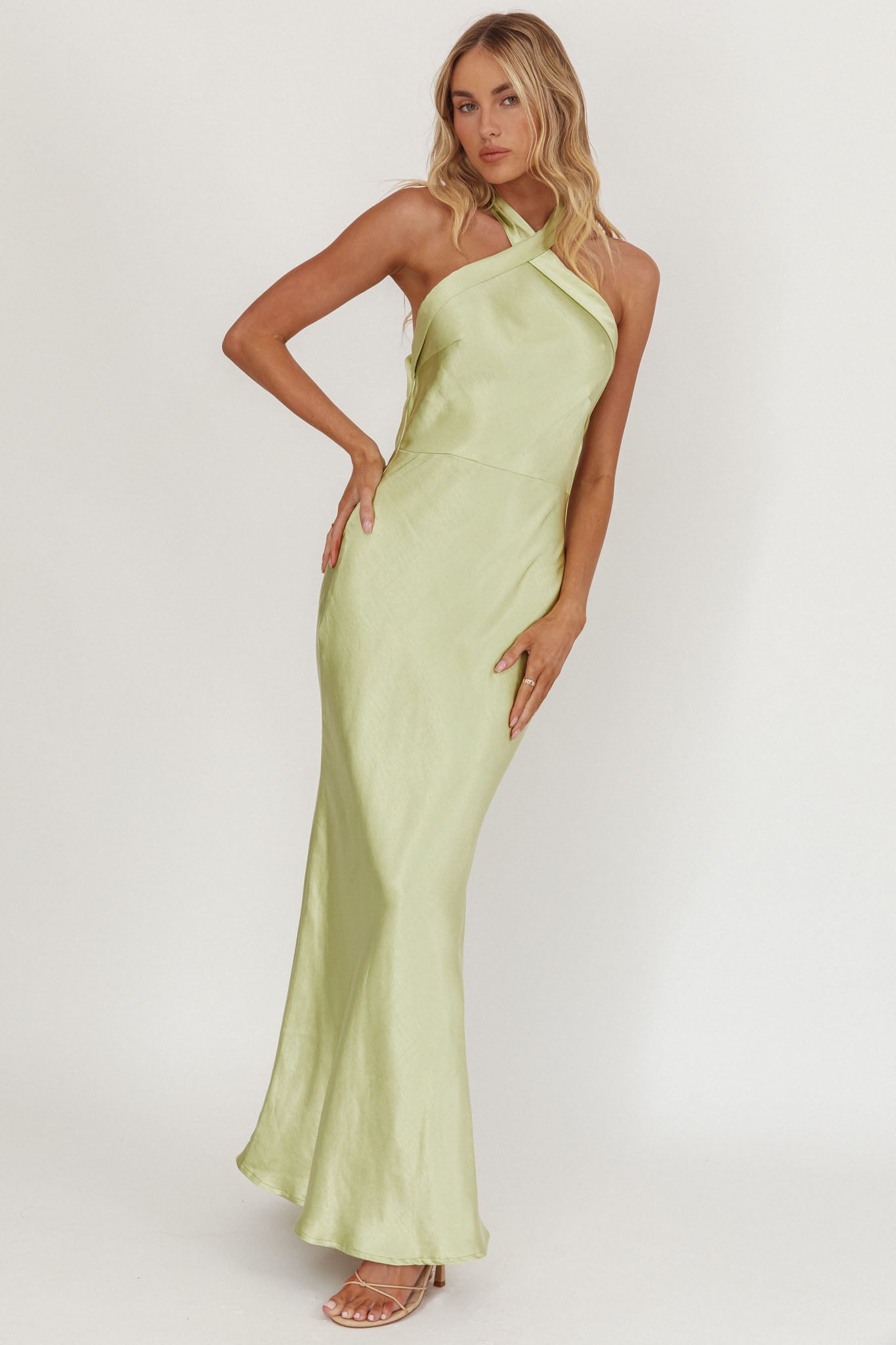 Italia Azure Crossover Halterneck Maxi Dress Pistachio