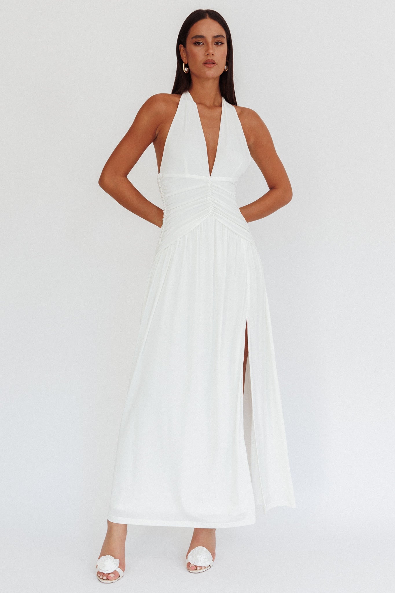Italia Azure Gathered Waist Maxi Dress White