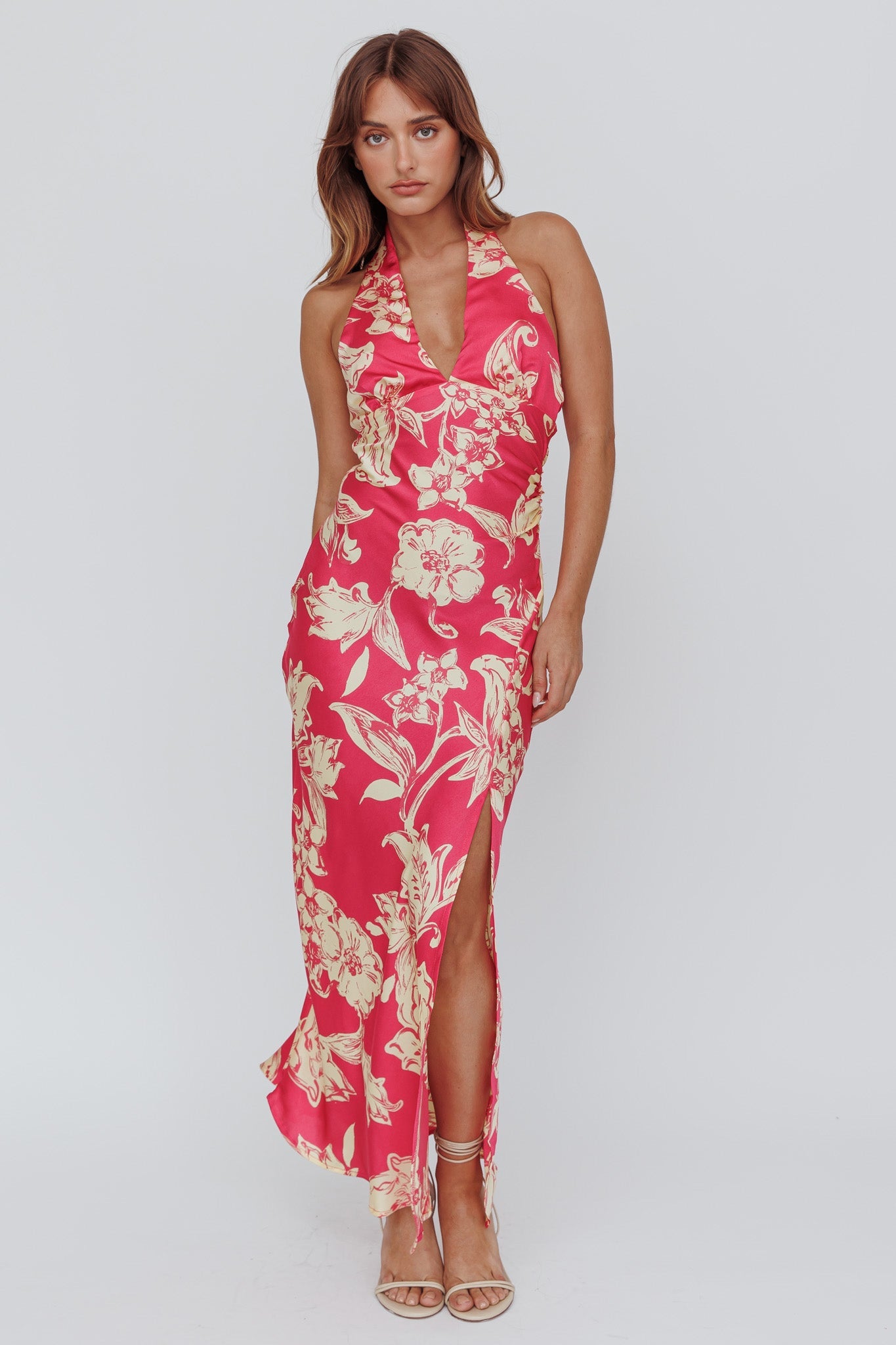 Brighter Days Halterneck Split Midi Dress Fuchsia