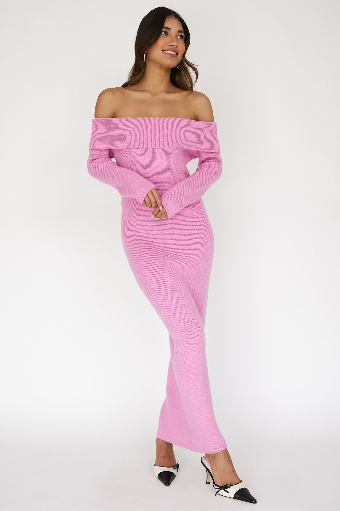 Winter Wonder Off-Shoulder Knit Maxi Dress Pink