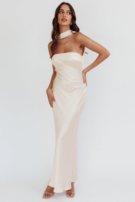 Damsel Reverse Halter Maxi Dress Oyster