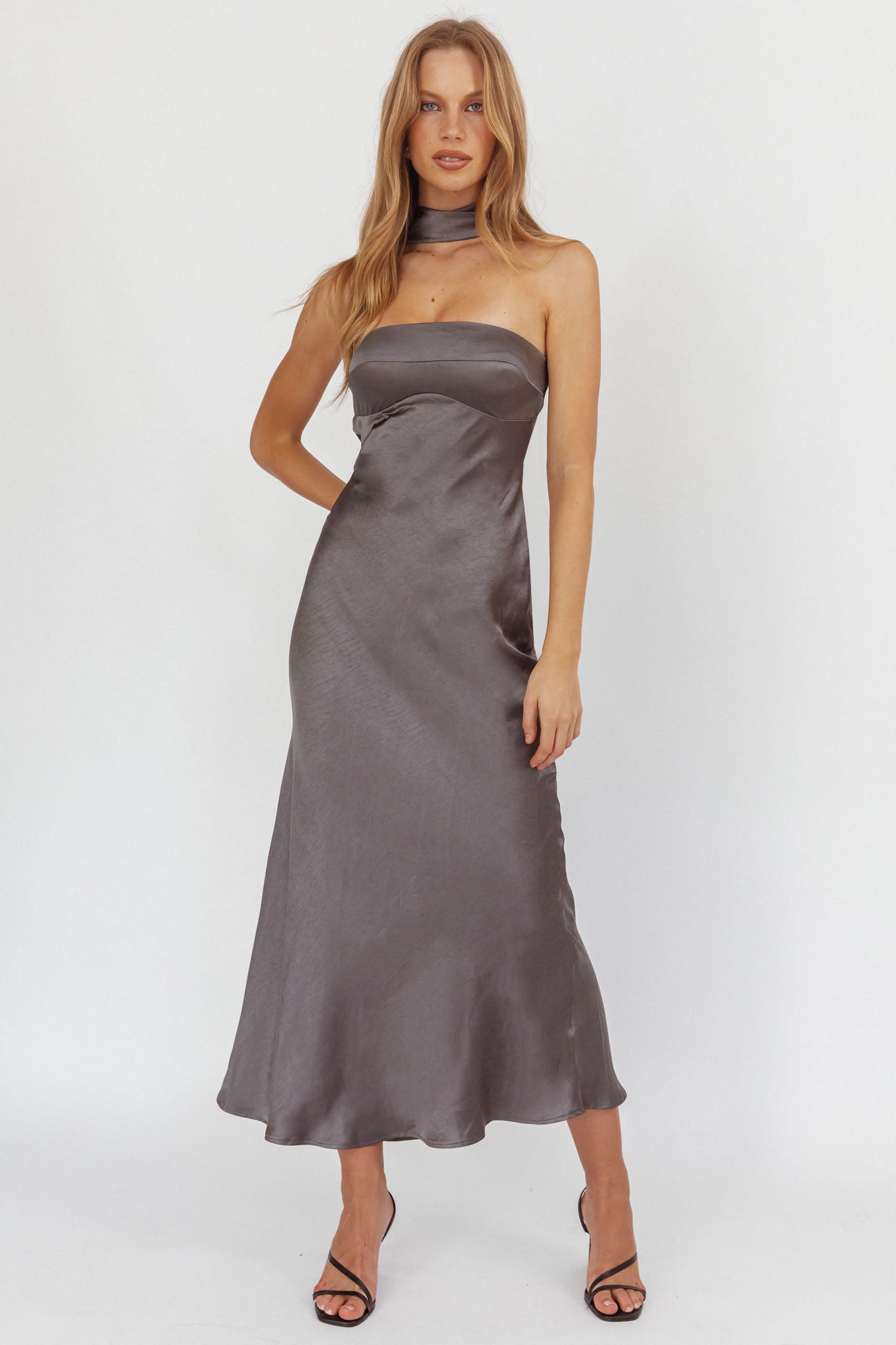 Damsel Reverse Halter Maxi Dress Satin Charcoal