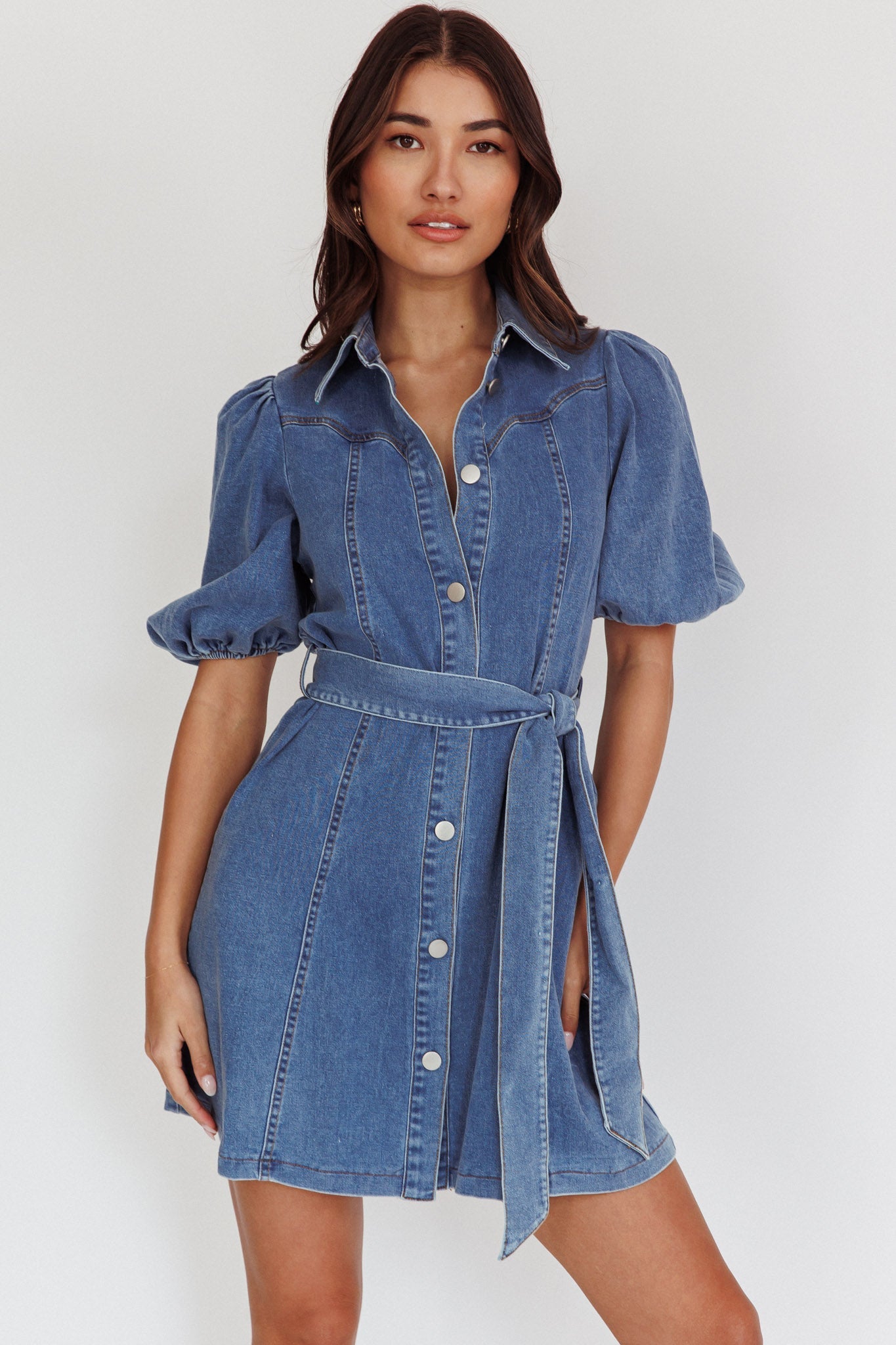 Myleigh Puff Sleeve Waist Tie Mini Dress Denim Blue