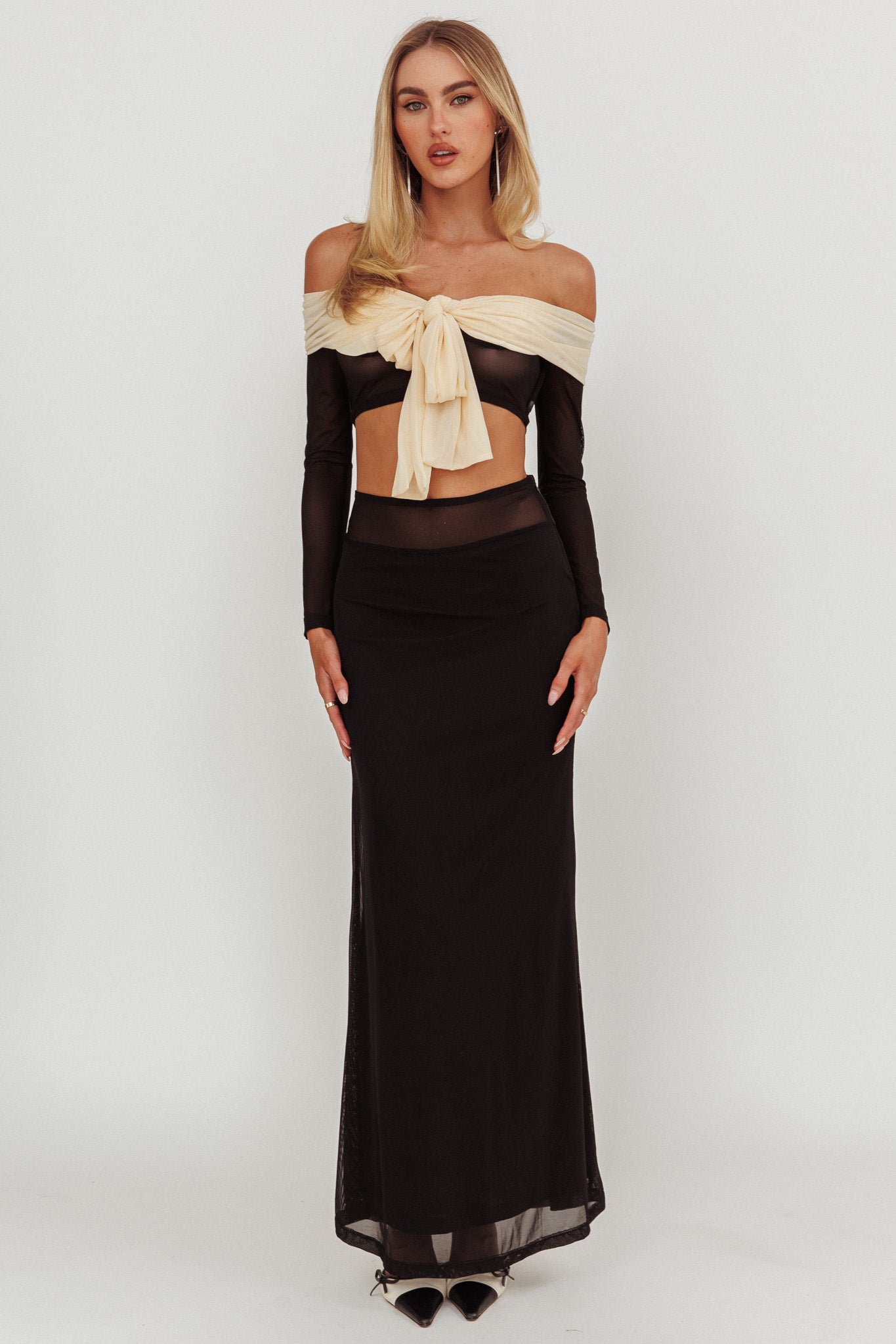 Perfect Worlds Off Shoulder Sheer Cropped Top Black