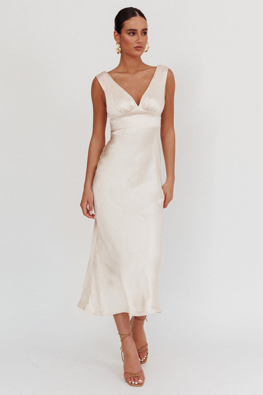 Leila V-Neck Low Back Satin Midi Dress Ivory