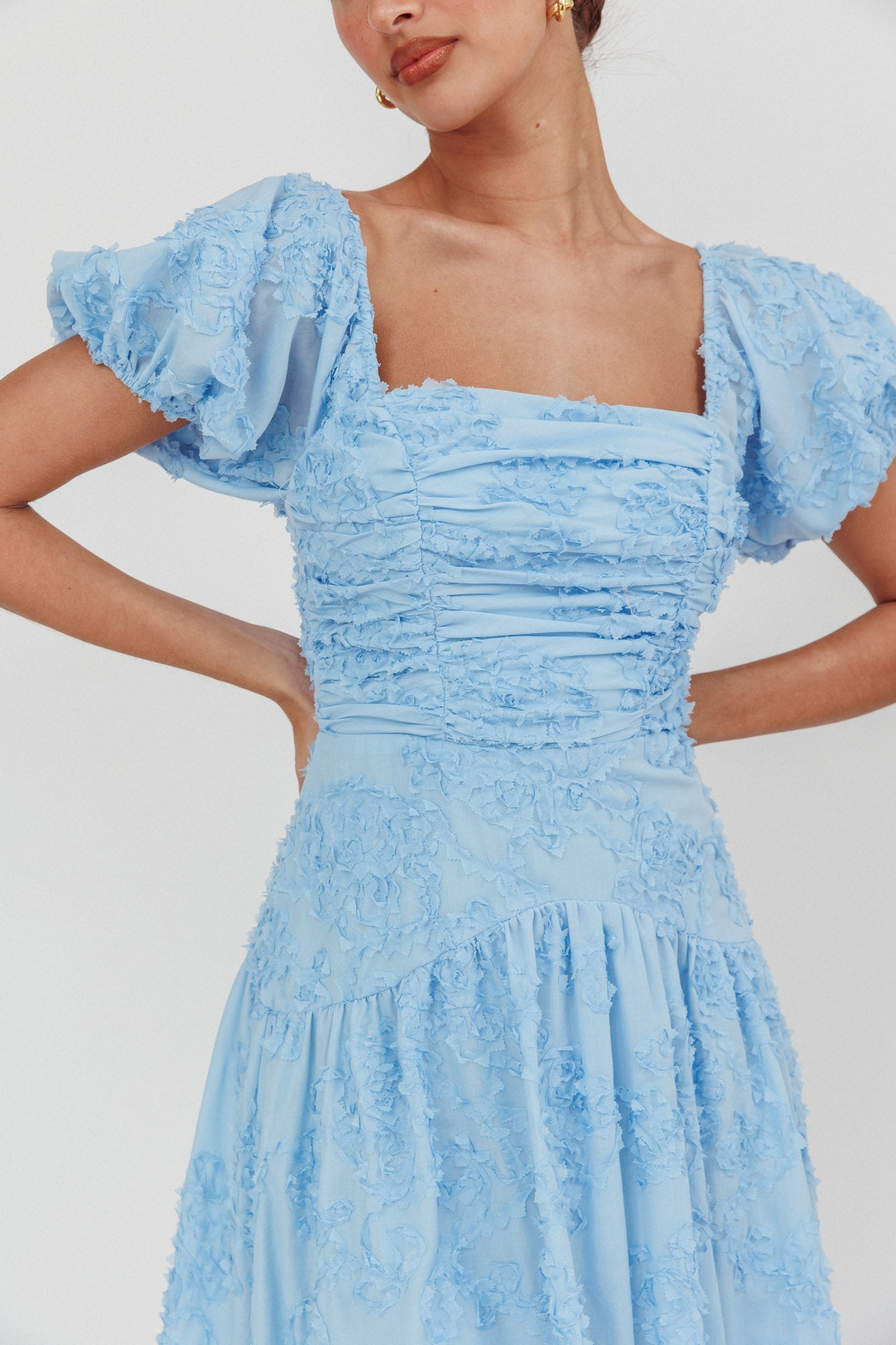 Telma Puff Sleeves Midi Dress Blue