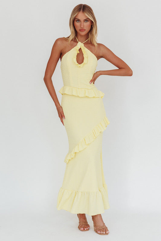 Clemence Smocked Frill Trim Maxi Dress Lemon