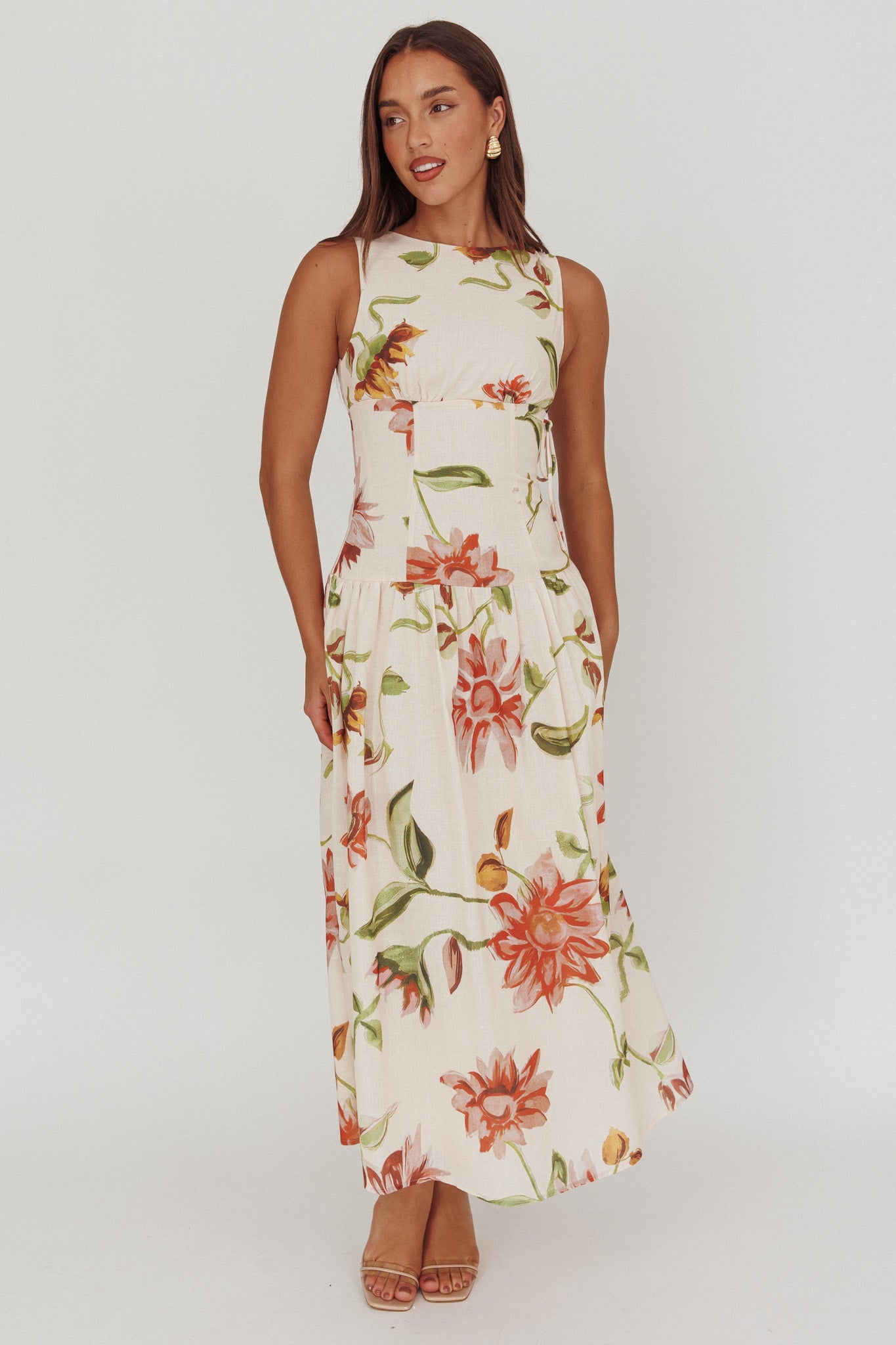 Audraya Drop Waist Maxi Dress Floral Beige