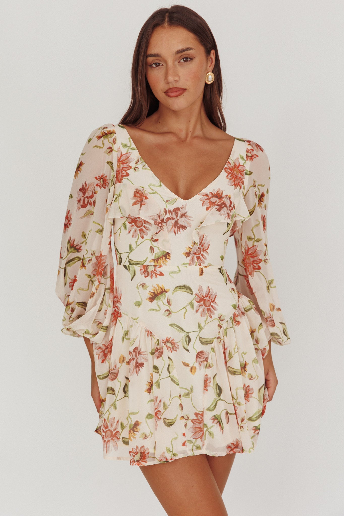 Lucky One Balloon Sleeve Mini Dress Floral Beige