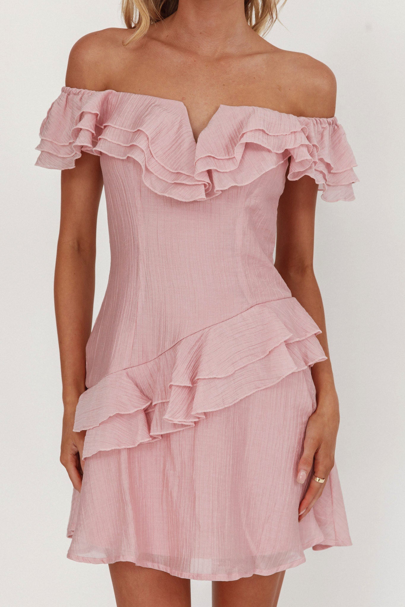 Sinclair Off-Shoulder Ruffle Trim Mini Dress Blush