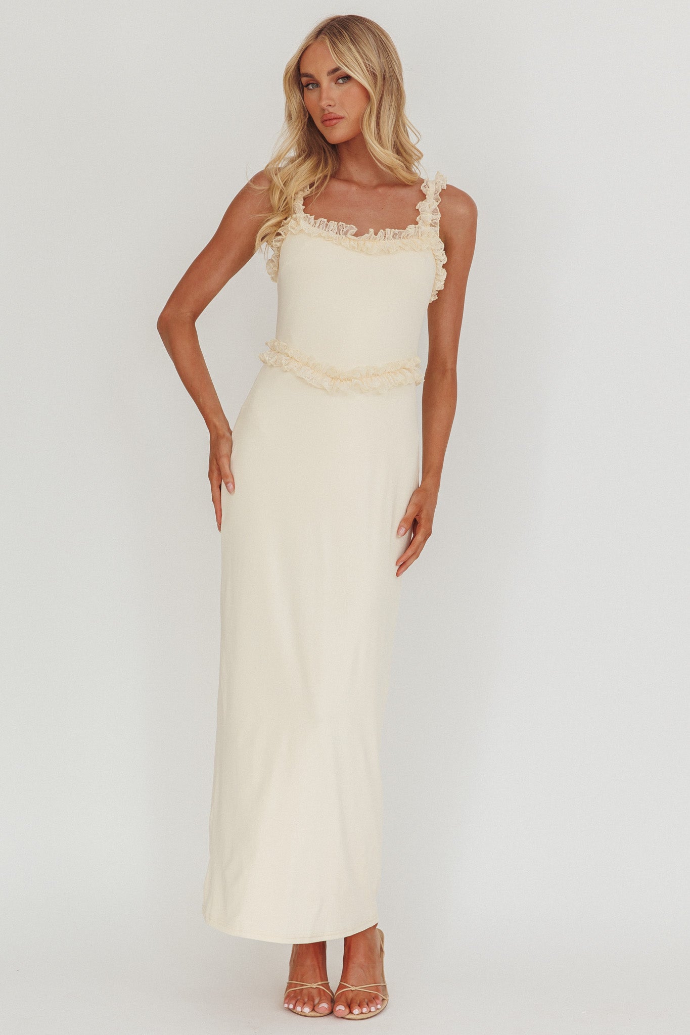 Olivera Lace Frill Trim Maxi Dress Cream