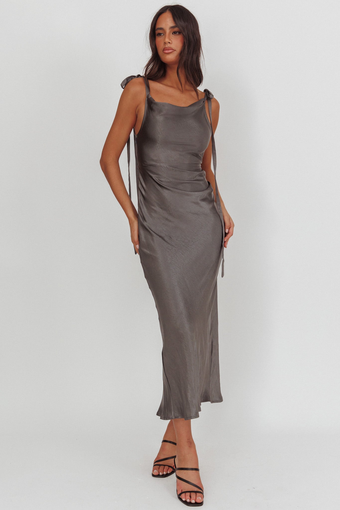 Glory Day Tied Shoulder Cowl Maxi Dress Charcoal
