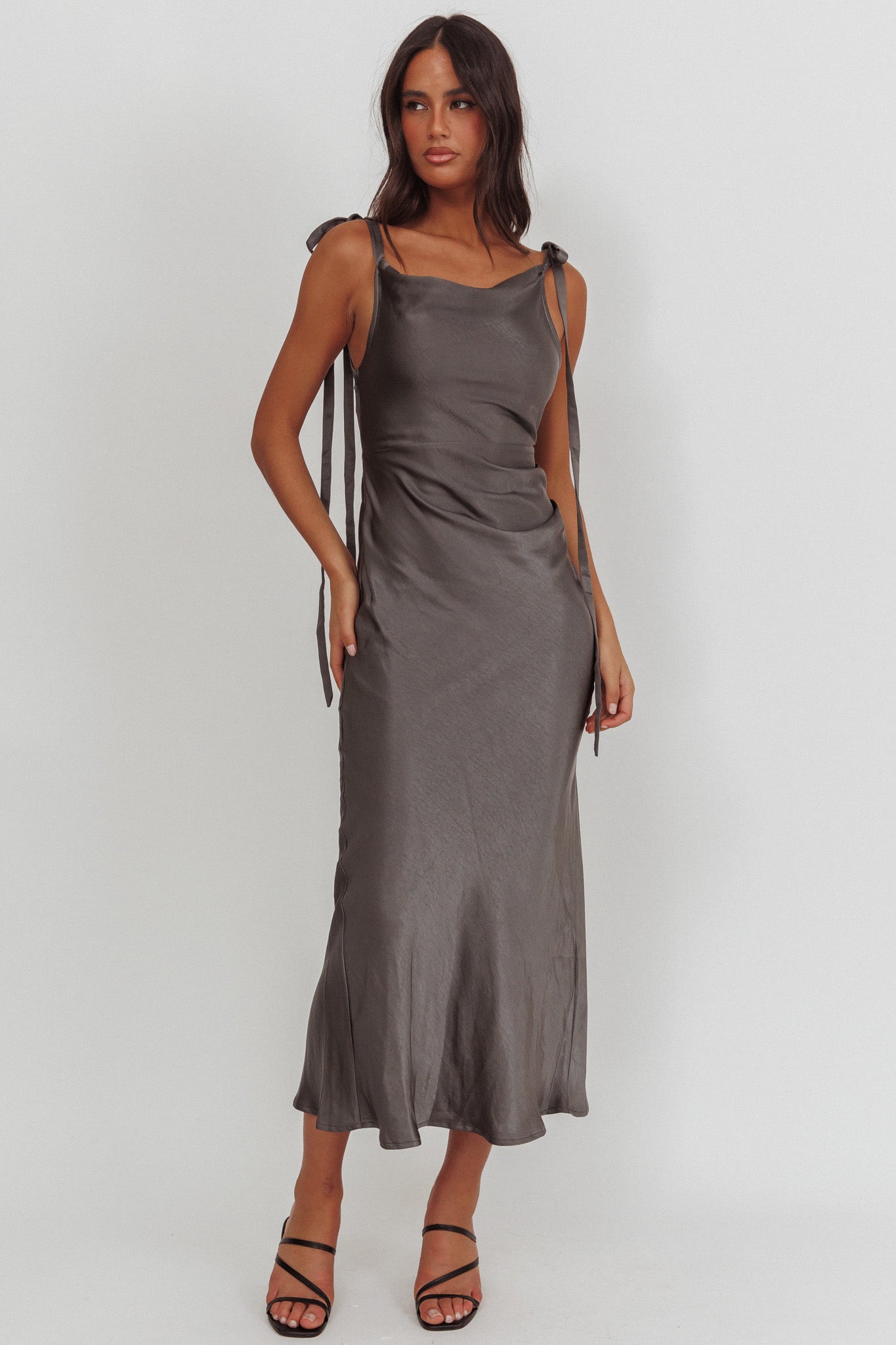 Glory Day Tied Shoulder Cowl Maxi Dress Charcoal