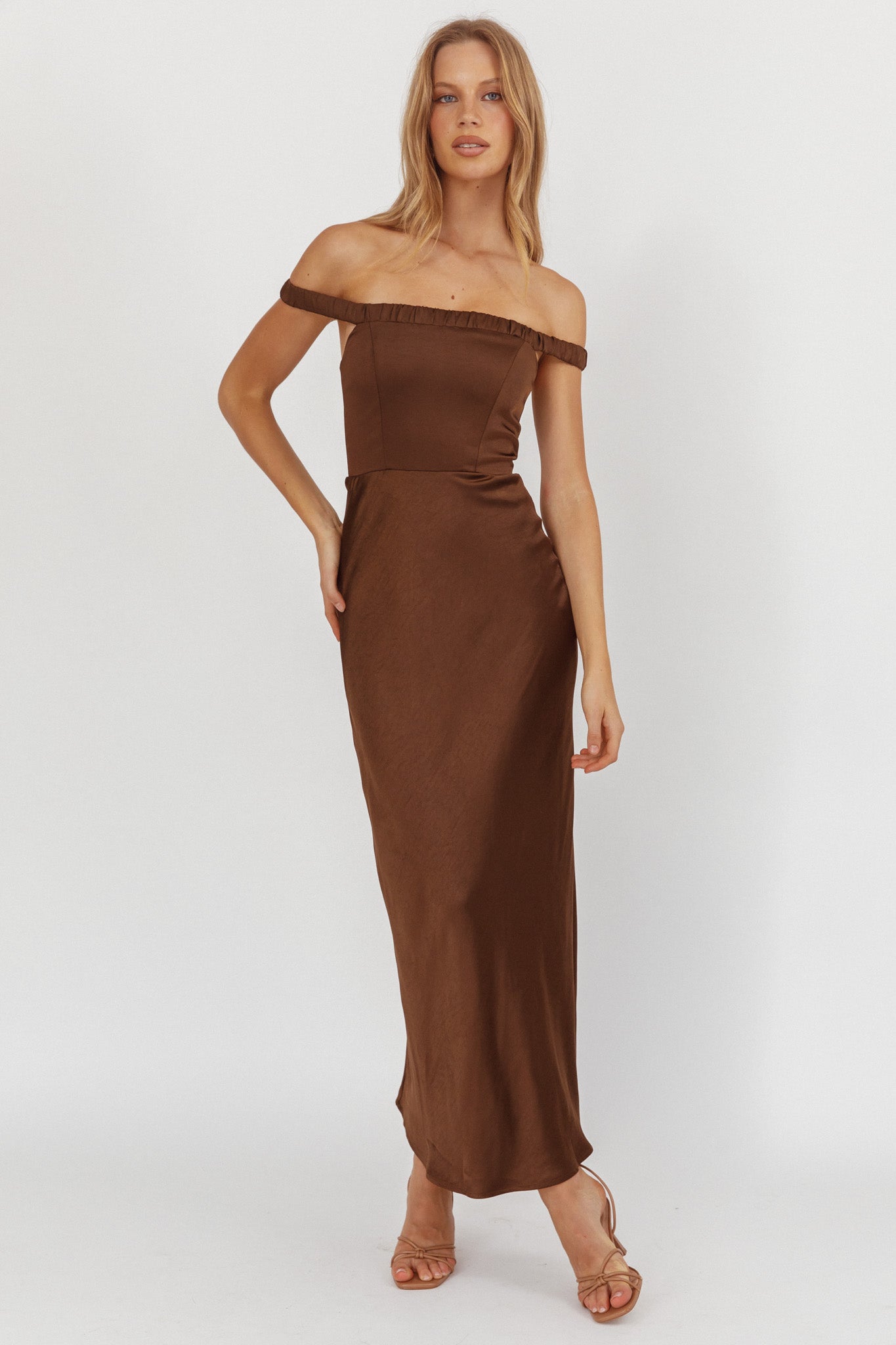 Cari Off-Shoulder Strap Maxi Dress Chocolate