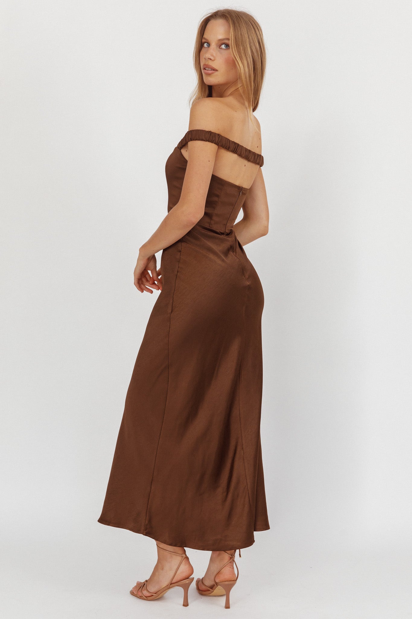 Cari Off-Shoulder Strap Maxi Dress Chocolate