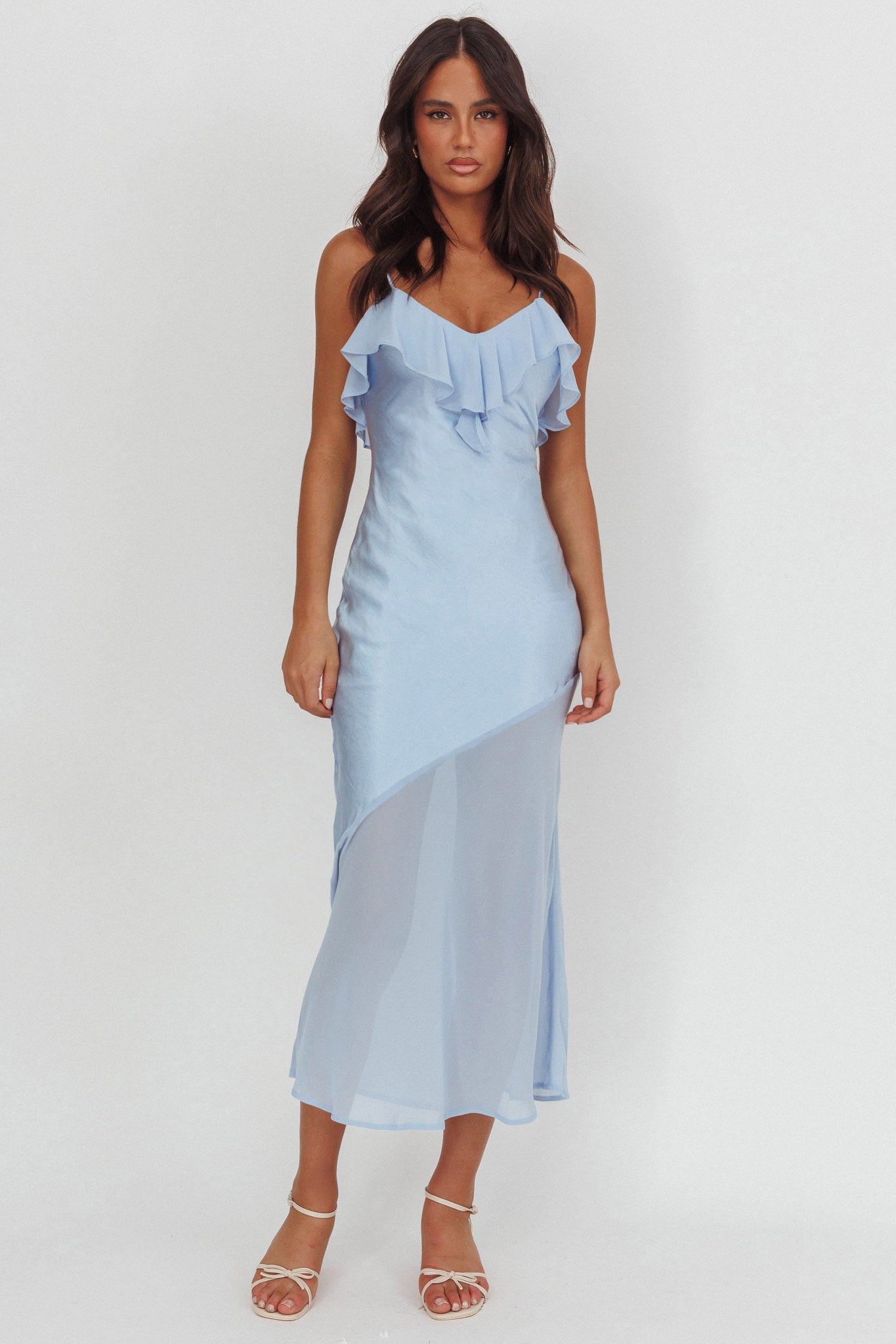 Talula Sheer Hem Ruffle Midi Dress Blue