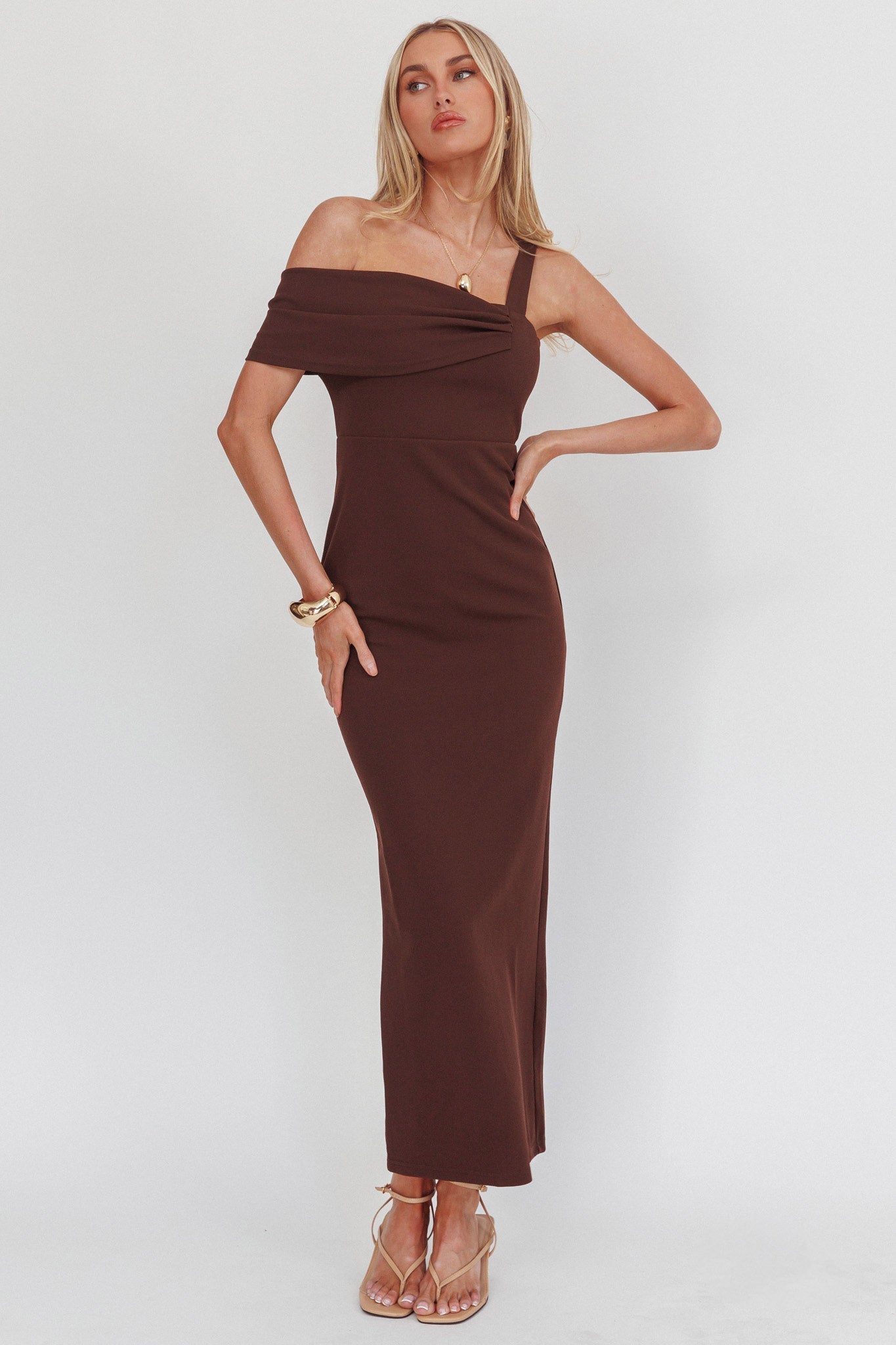 Saffra Asymmetric Shoulder Maxi Dress Chocolate
