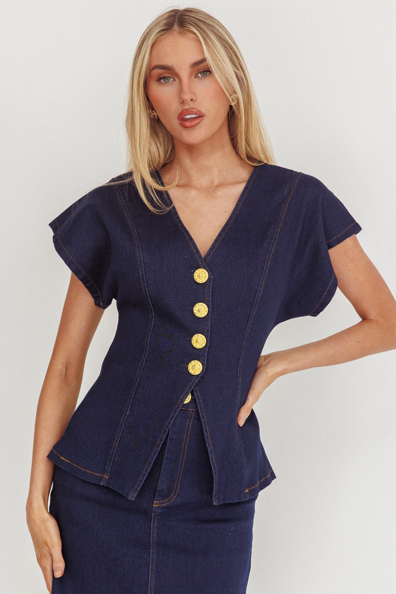Over It Short Sleeve Button Top Denim