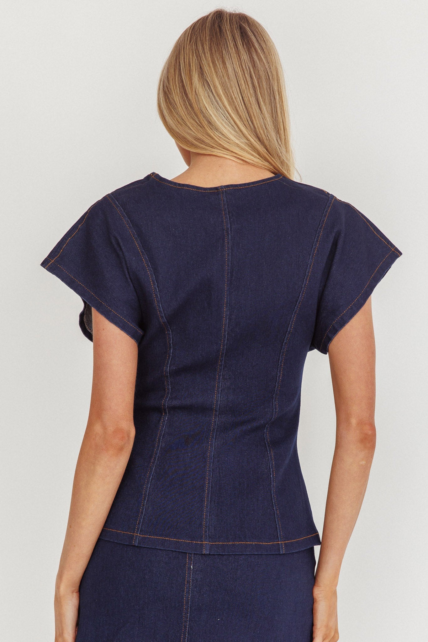 Over It Short Sleeve Button Top Denim