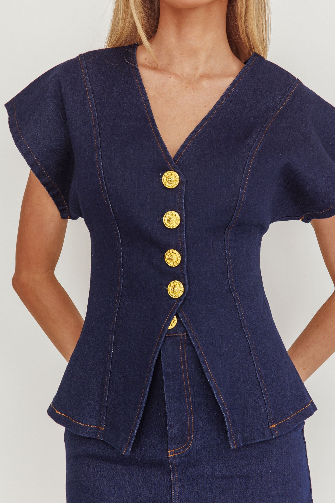Over It Short Sleeve Button Top Denim
