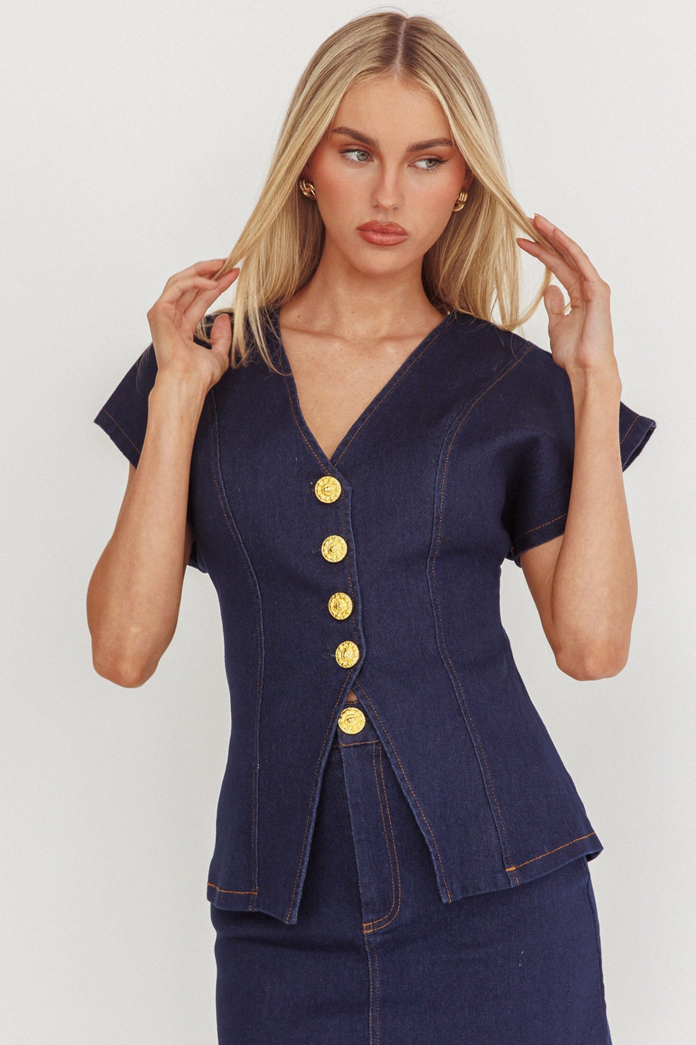 Over It Short Sleeve Button Top Denim