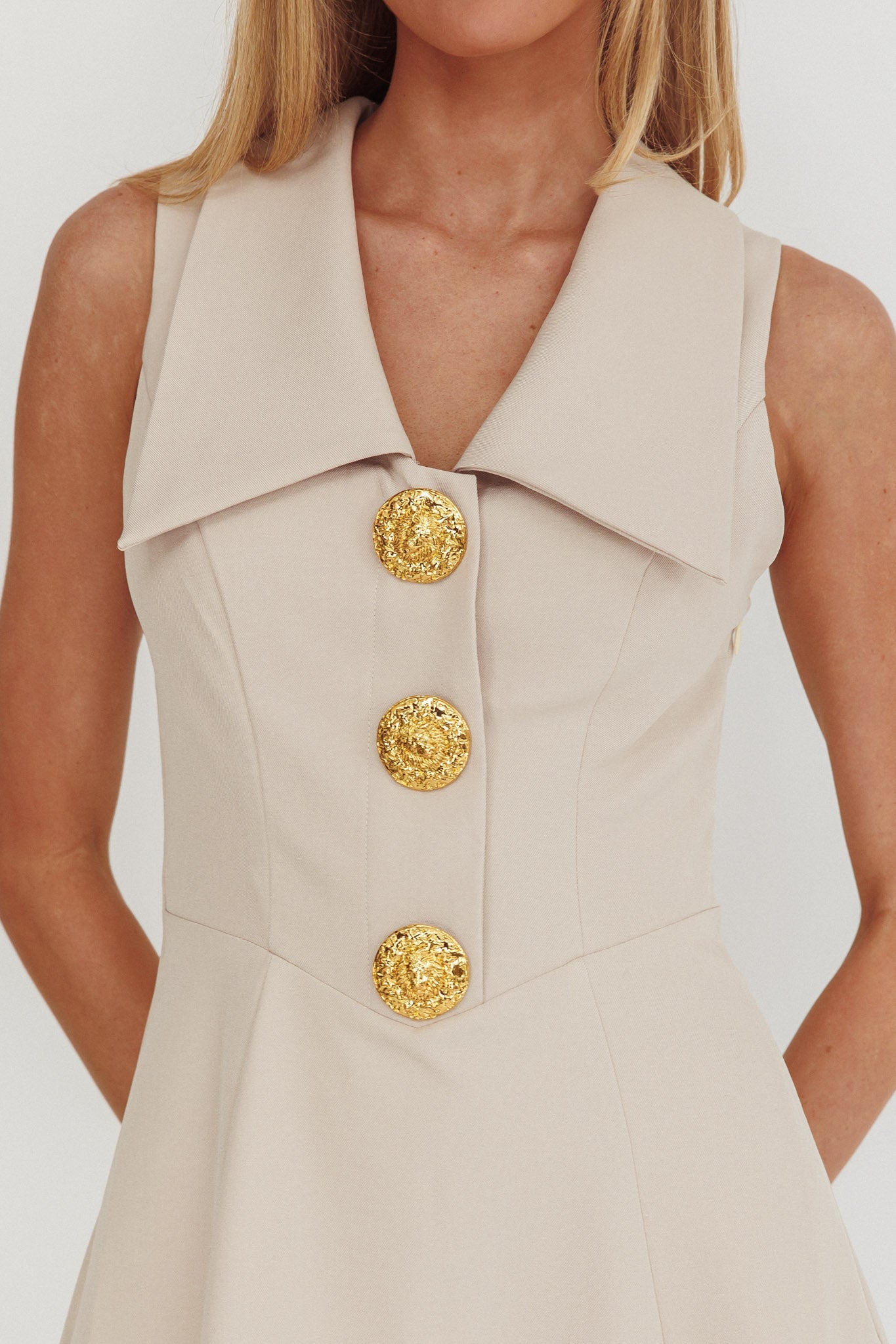 Cary Gold Button Collared Mini Dress Latte
