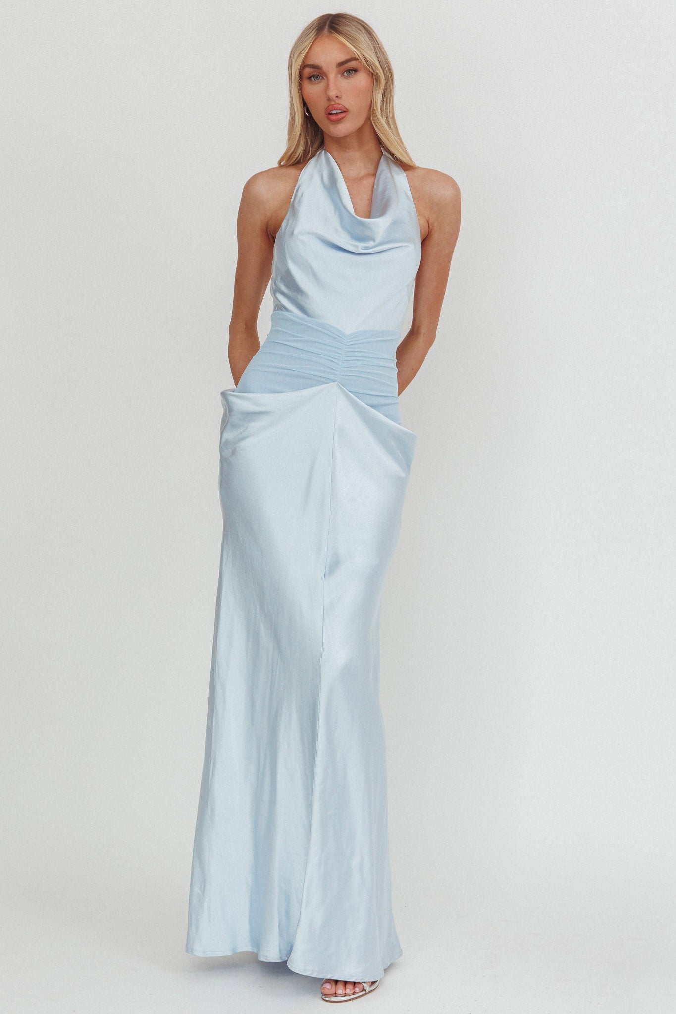 Zynthia Cowl Neck Ruched Waist Maxi Dress Ice Blue