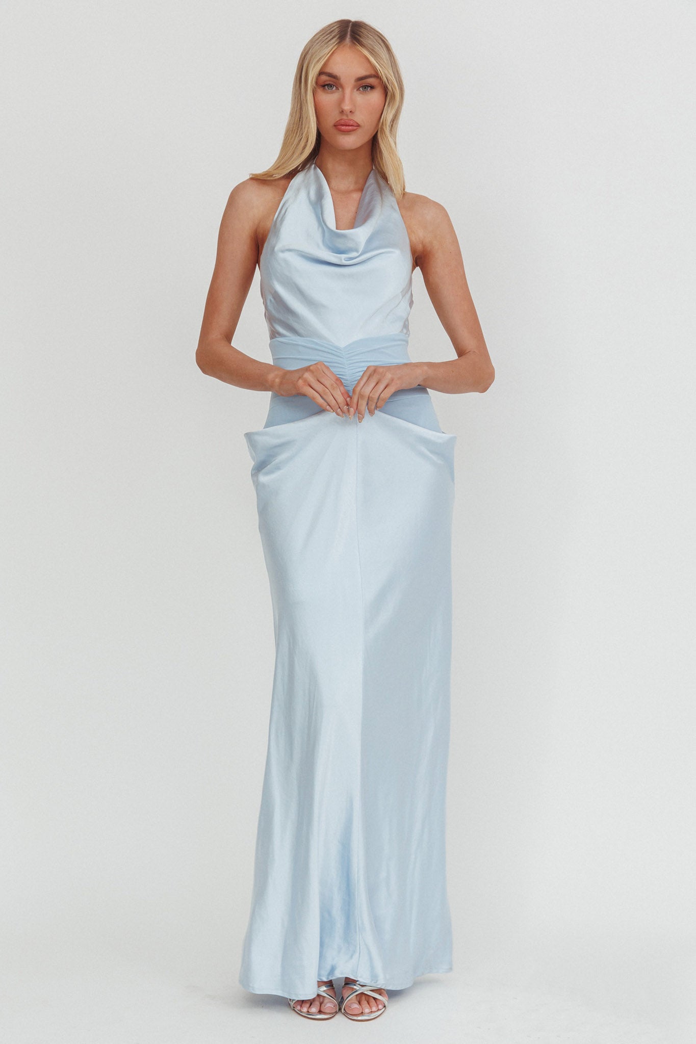 Zynthia Cowl Neck Ruched Waist Maxi Dress Ice Blue