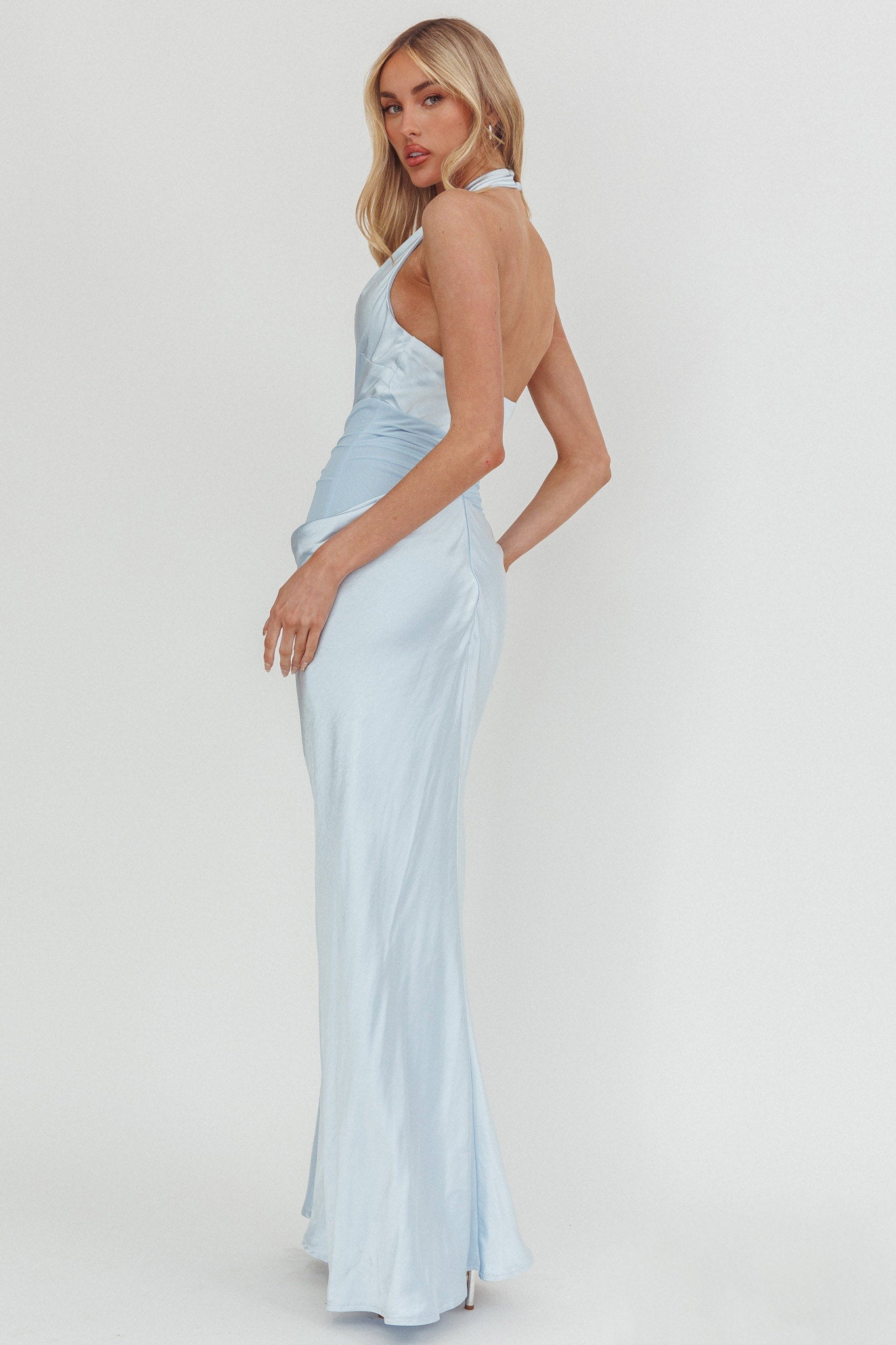 Zynthia Cowl Neck Ruched Waist Maxi Dress Ice Blue