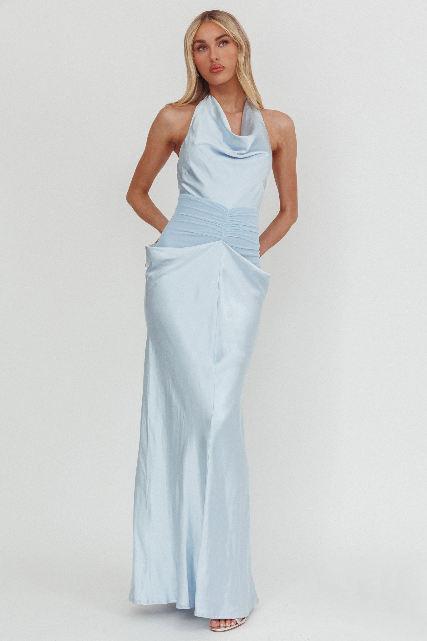Zynthia Cowl Neck Ruched Waist Maxi Dress Ice Blue
