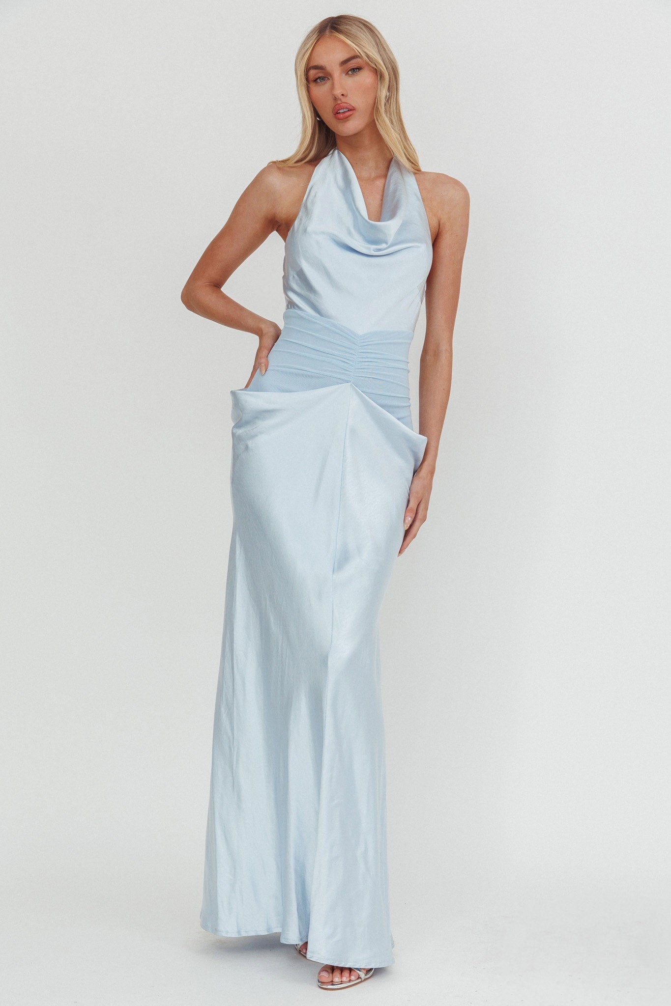 Zynthia Cowl Neck Ruched Waist Maxi Dress Ice Blue