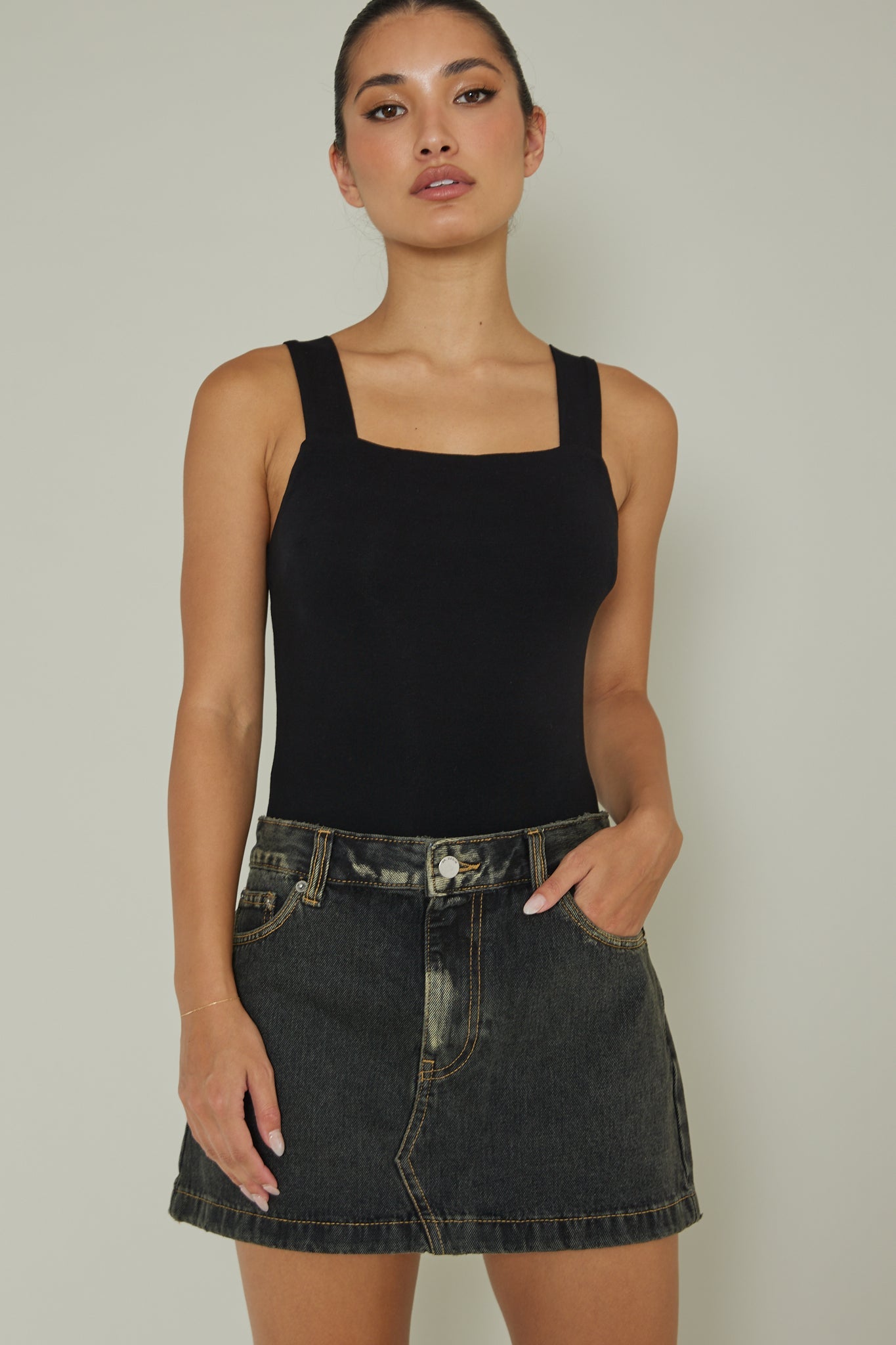 High Time Square Neckline Leotard Black