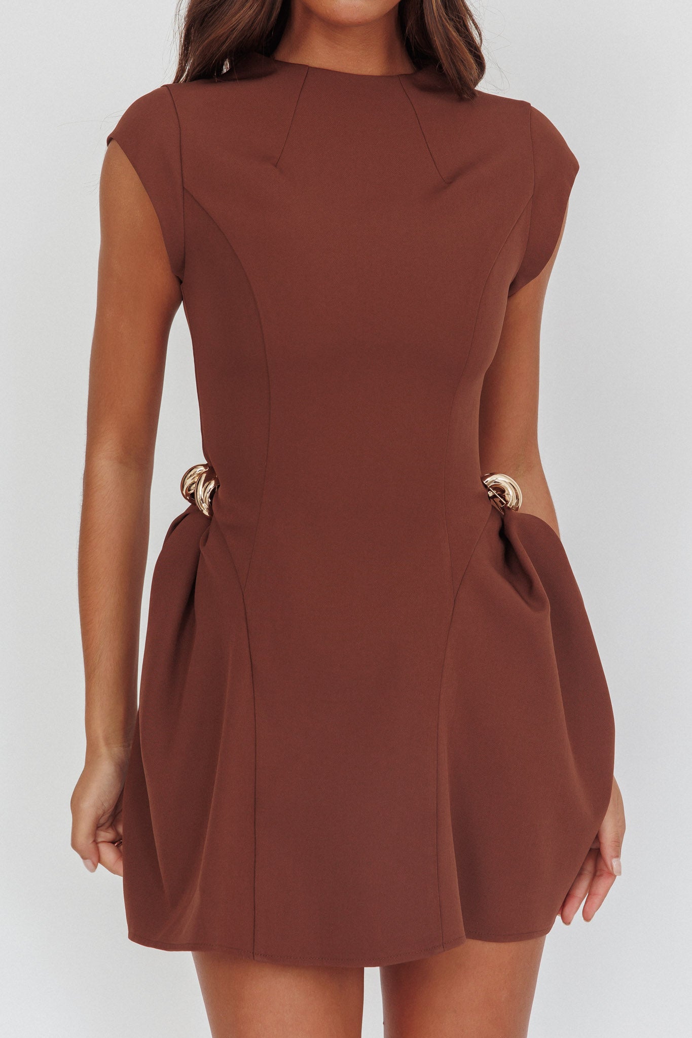 Girl Talks Cap Sleeve Puff Skirt Mini Dress Chocolate