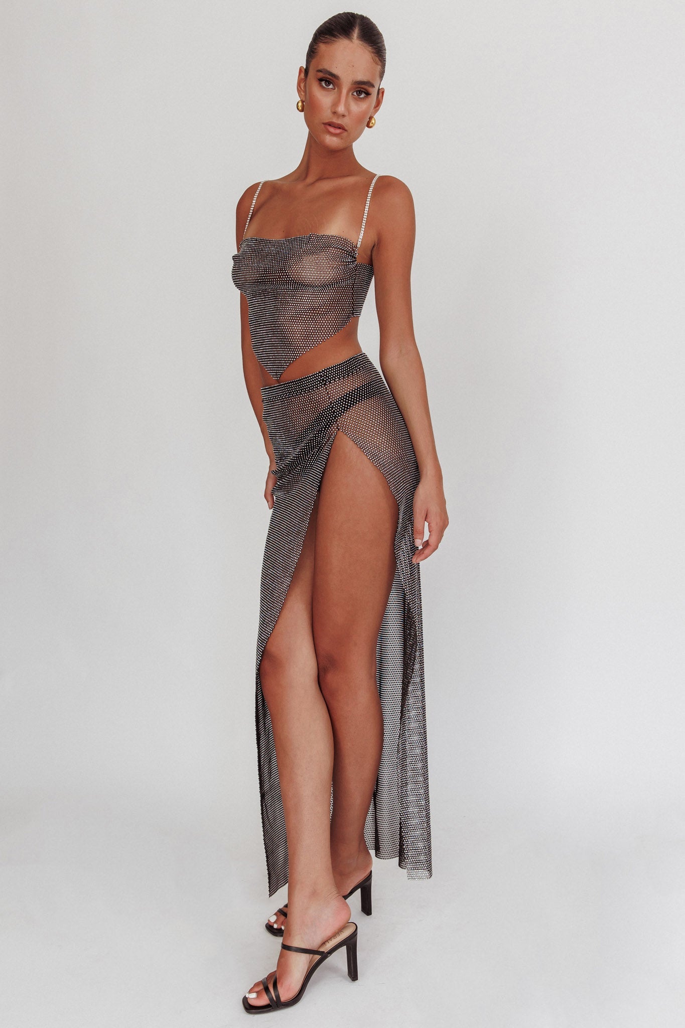Heart Breaker Diamante Mesh Maxi Skirt Black