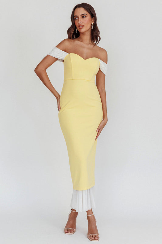 Freesia Off Shoulder Bodycon Midi Dress Lemon