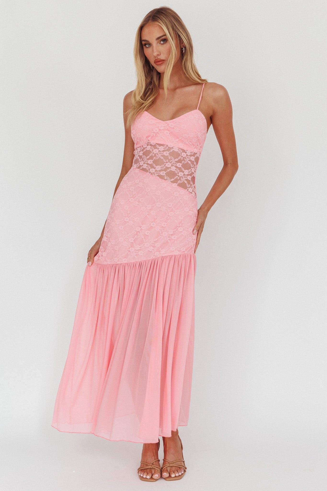 Kinley Sheer Hem Lace Maxi Dress Pink