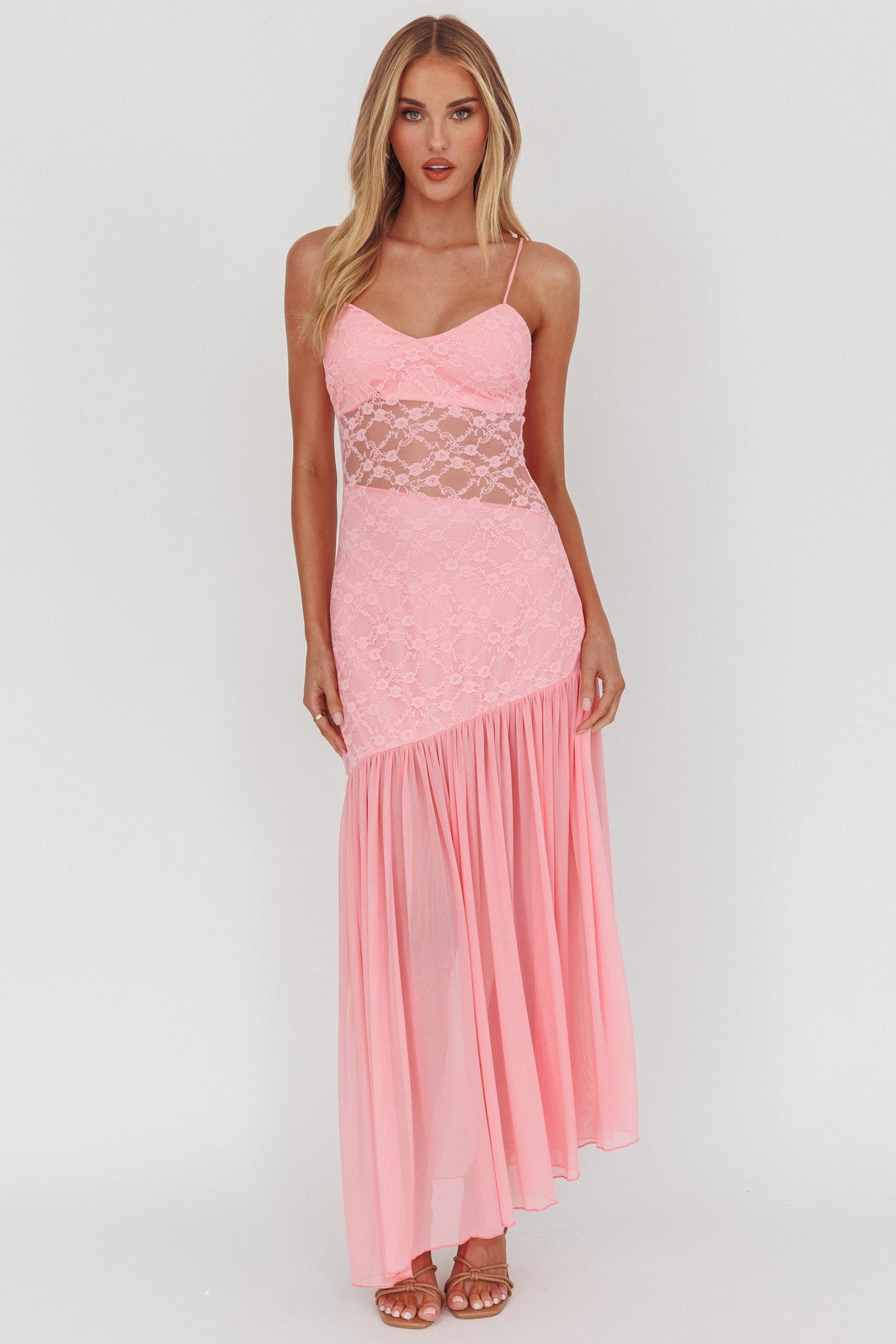 Kinley Sheer Hem Lace Maxi Dress Pink