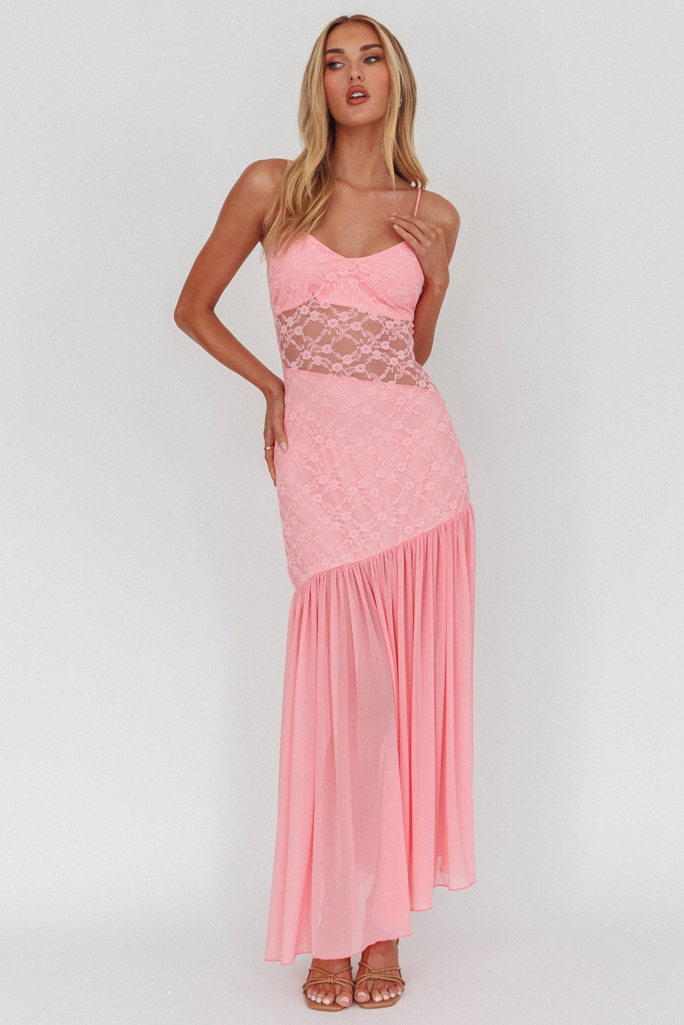 Kinley Sheer Hem Lace Maxi Dress Pink