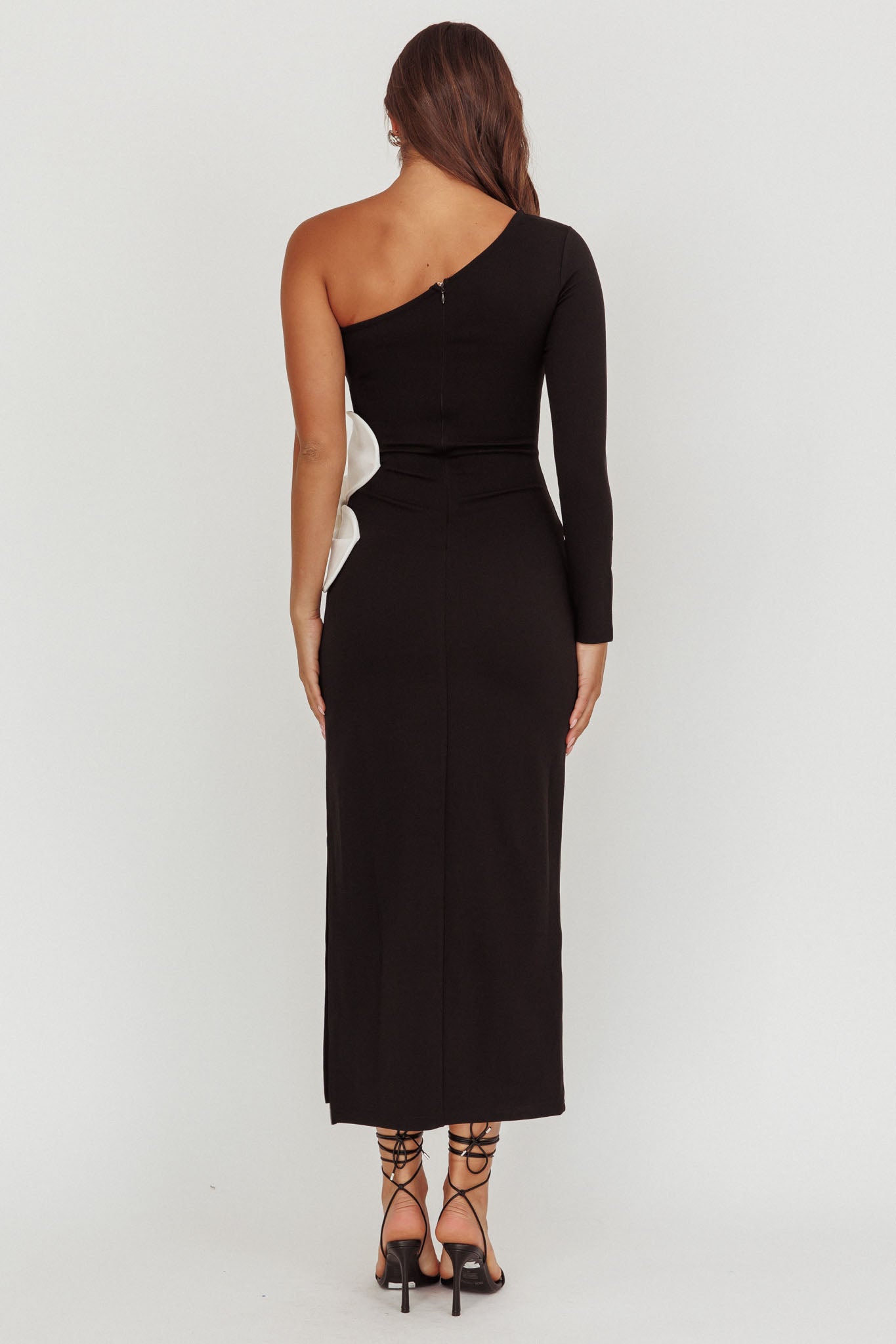 No Competition One-Shoulder Oversized Flower Maxi Dress Black