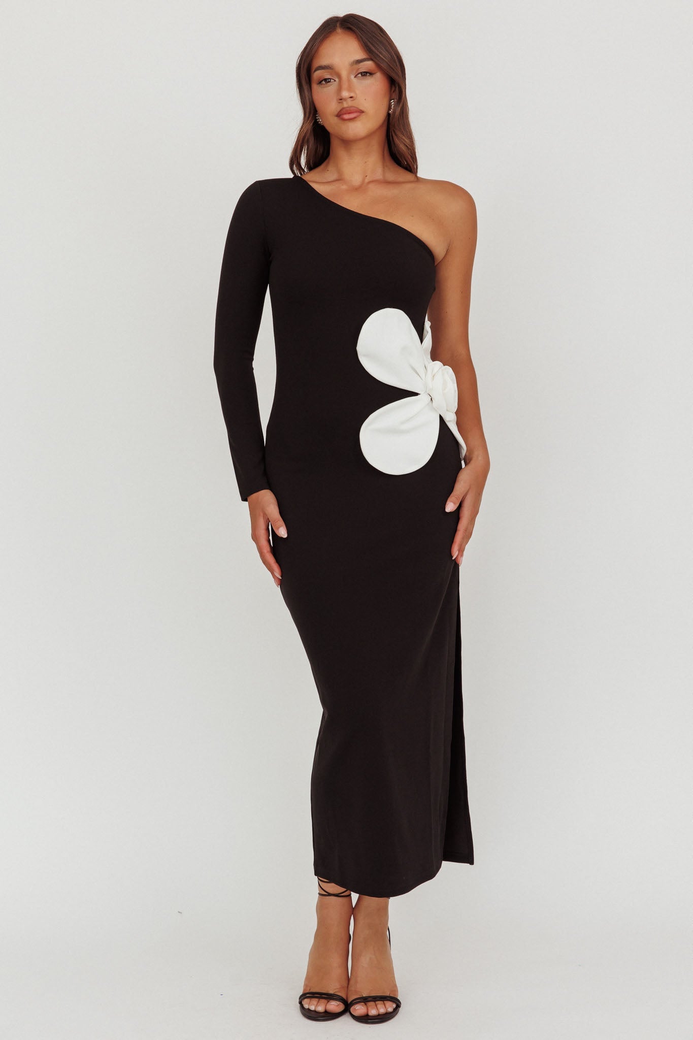 No Competition One-Shoulder Oversized Flower Maxi Dress Black